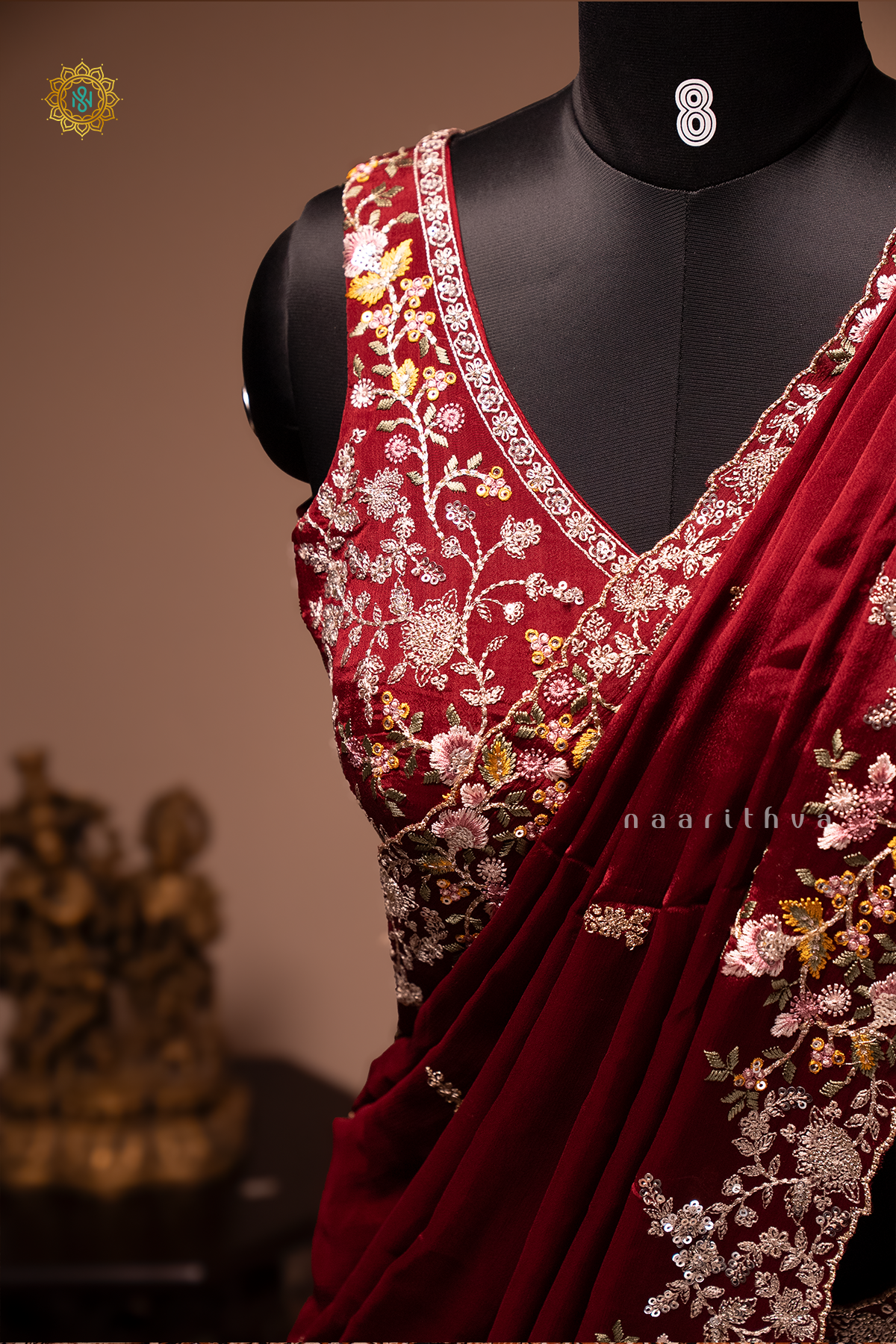 MAROON - CHINNON DESIGNER WEAR WITH READYMADE BLOUSE