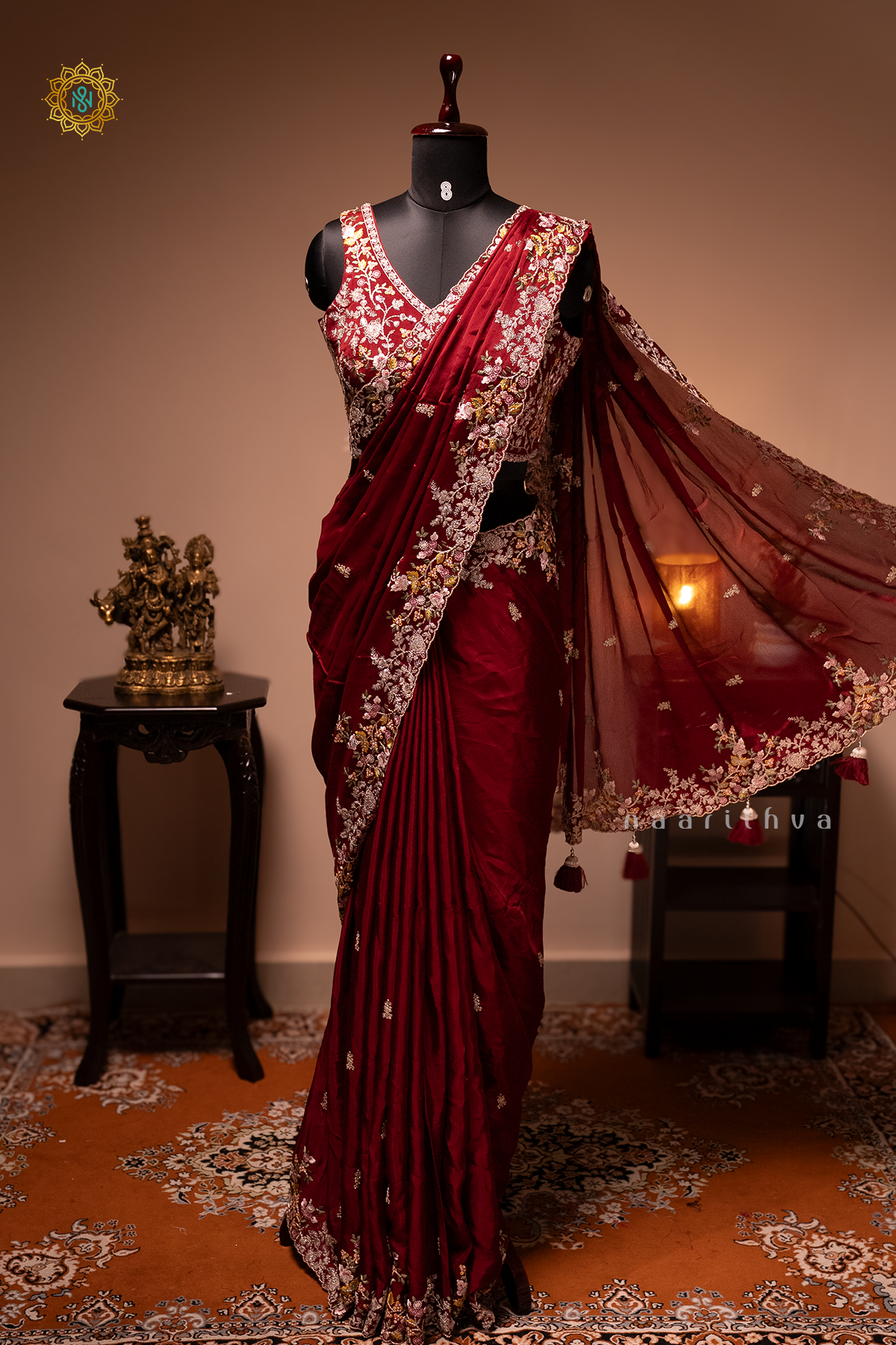 MAROON - CHINNON DESIGNER WEAR WITH READYMADE BLOUSE