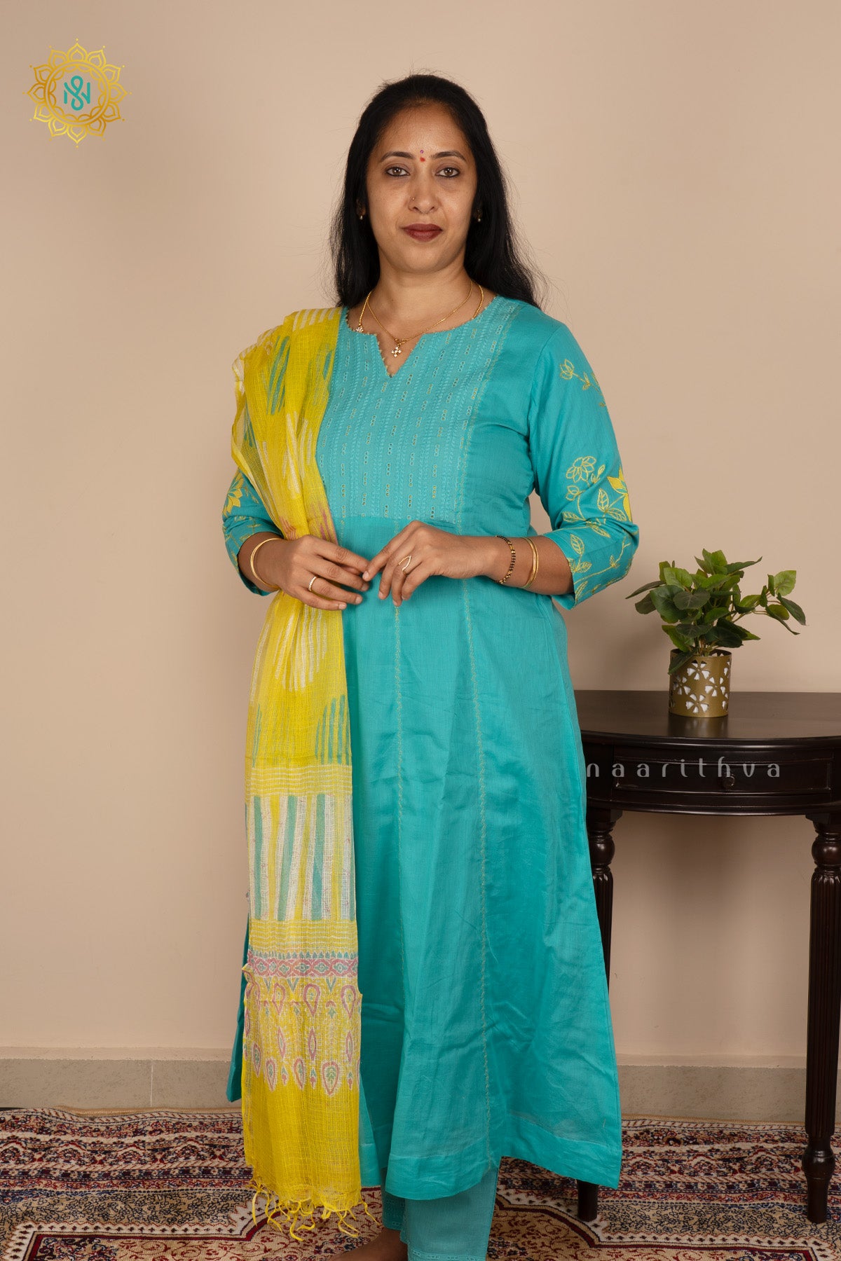 Aqua Blue with Yellow Mul Chanderi 3Pc Salwar Suit With Kota Cotton Dupatta