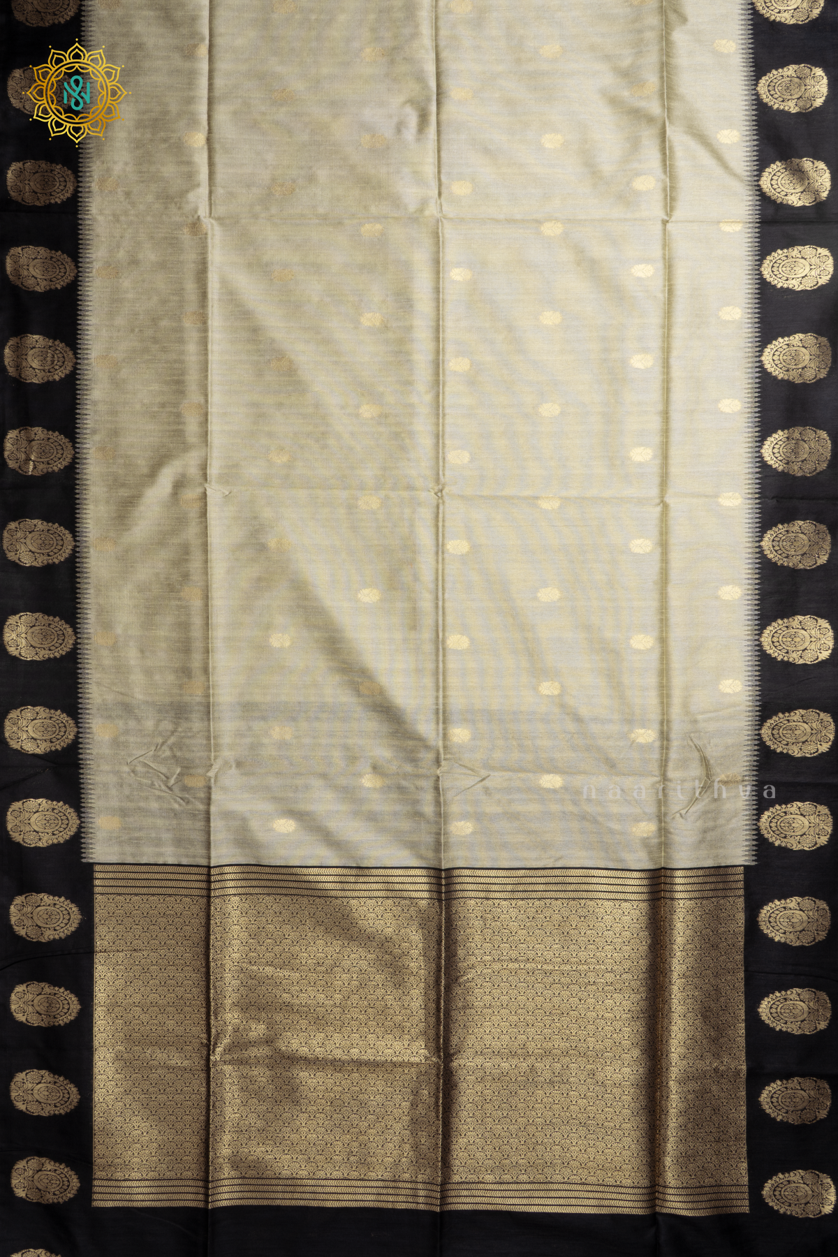Grey With Black Semi Raw Silk Saree Zari Buttas On The Body With Contrast Zari Border & Pallu