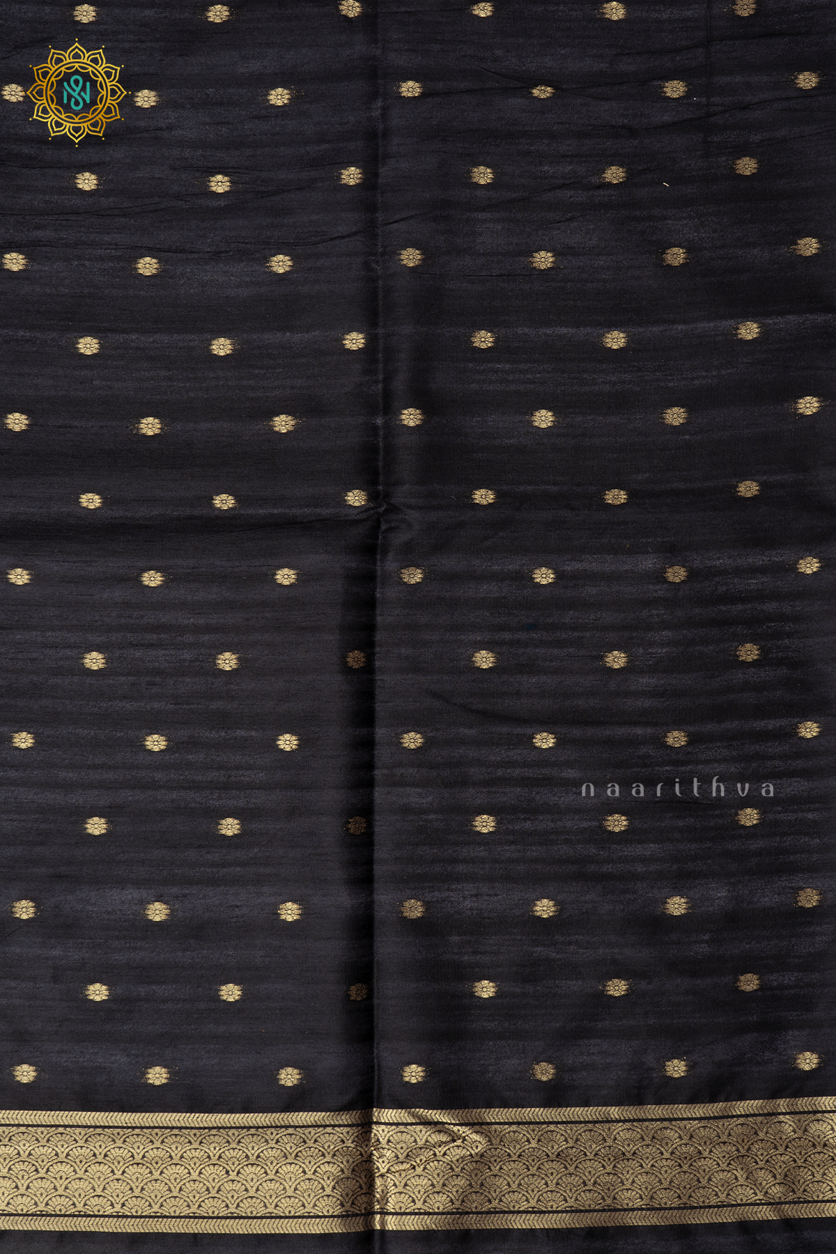 Grey With Black Semi Raw Silk Saree Zari Buttas On The Body With Contrast Zari Border & Pallu