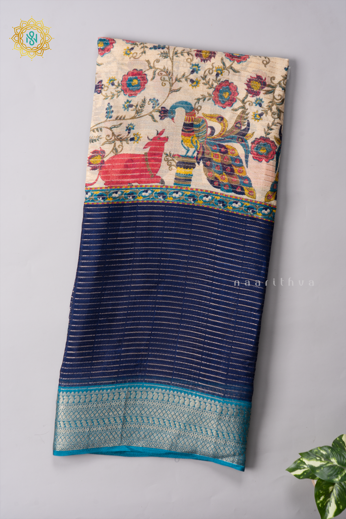 OFF WHITE WITH NAVY BLUE & SKY BLUE - SEMI GEORGETTE