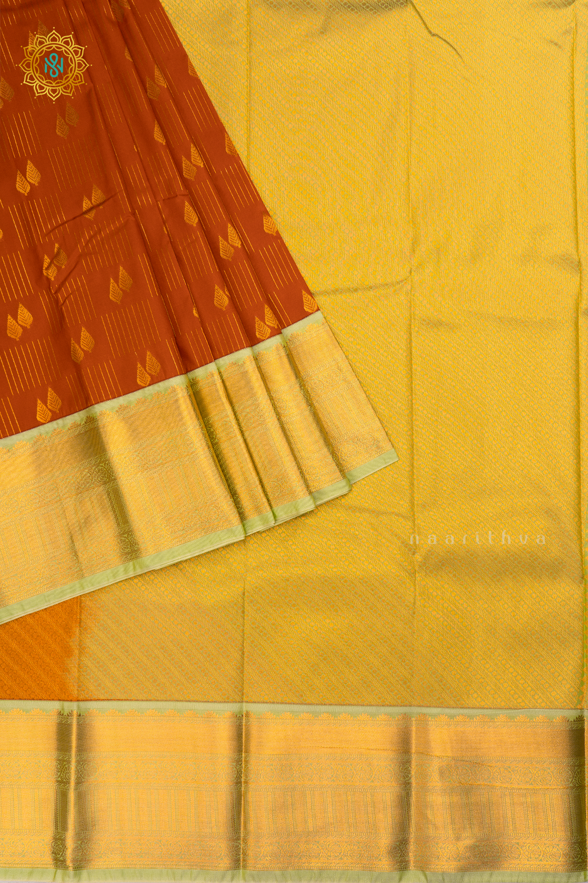 Rust Orange with Light Green Semi Kanchi Saree With Zari Buttas All Over And Contrast Zari Border