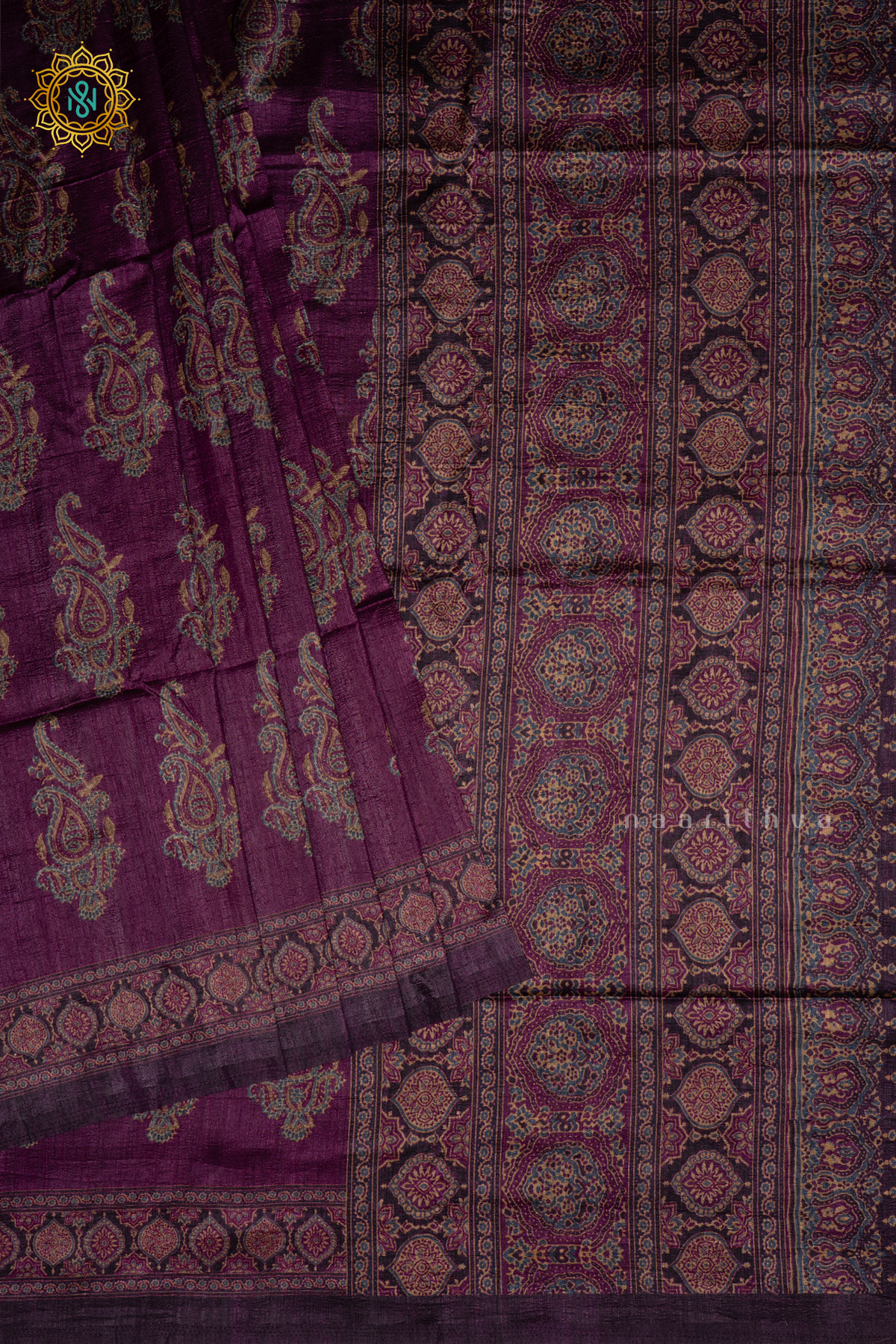 Pinkish Lavender Semi Tussar Silk Saree With Printed Body And Ajrakh Printed Pallu