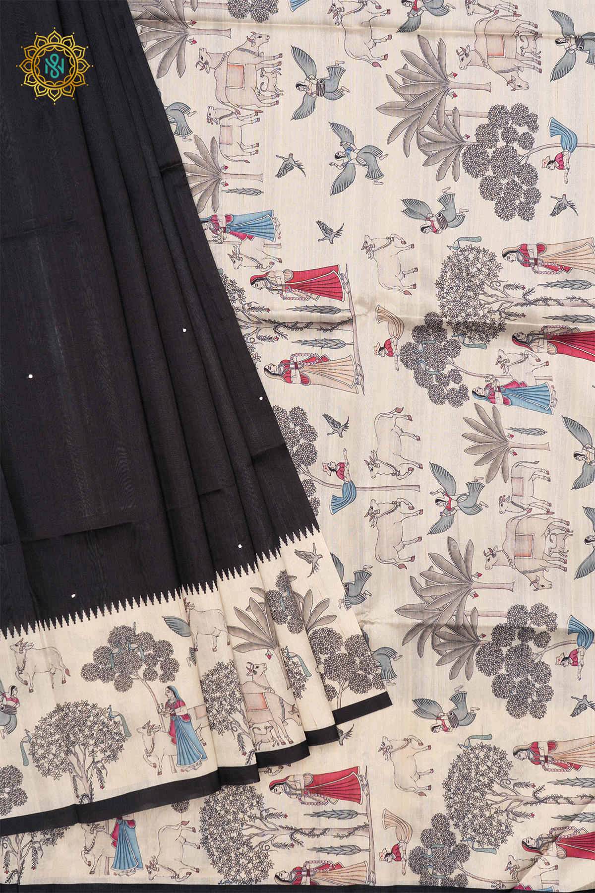 BLACK WITH WHITE - SEMI TUSSAR SILK