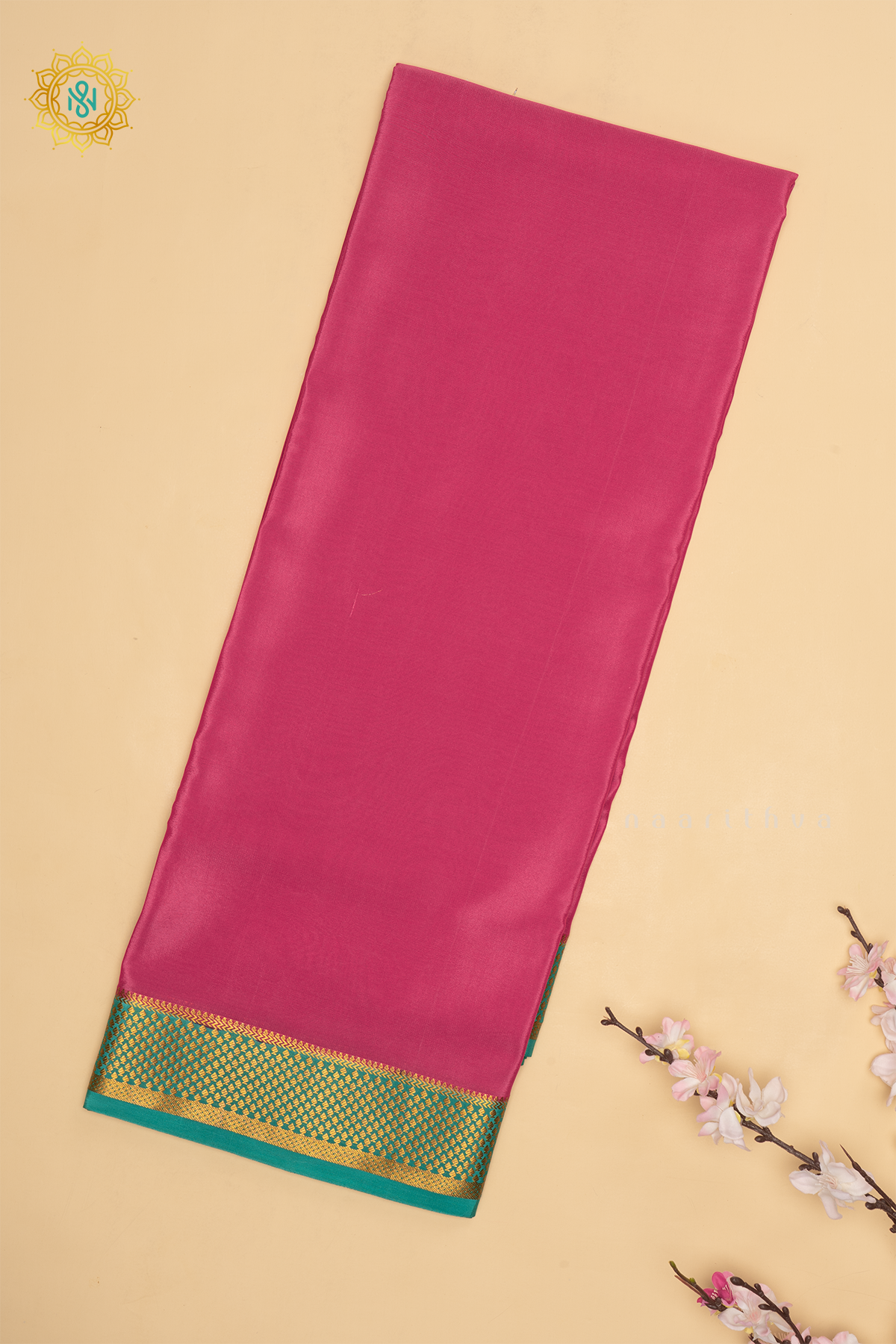 RANI PINK WITH SKY BLUE - PURE MYSORE CREPE SILK SAREE