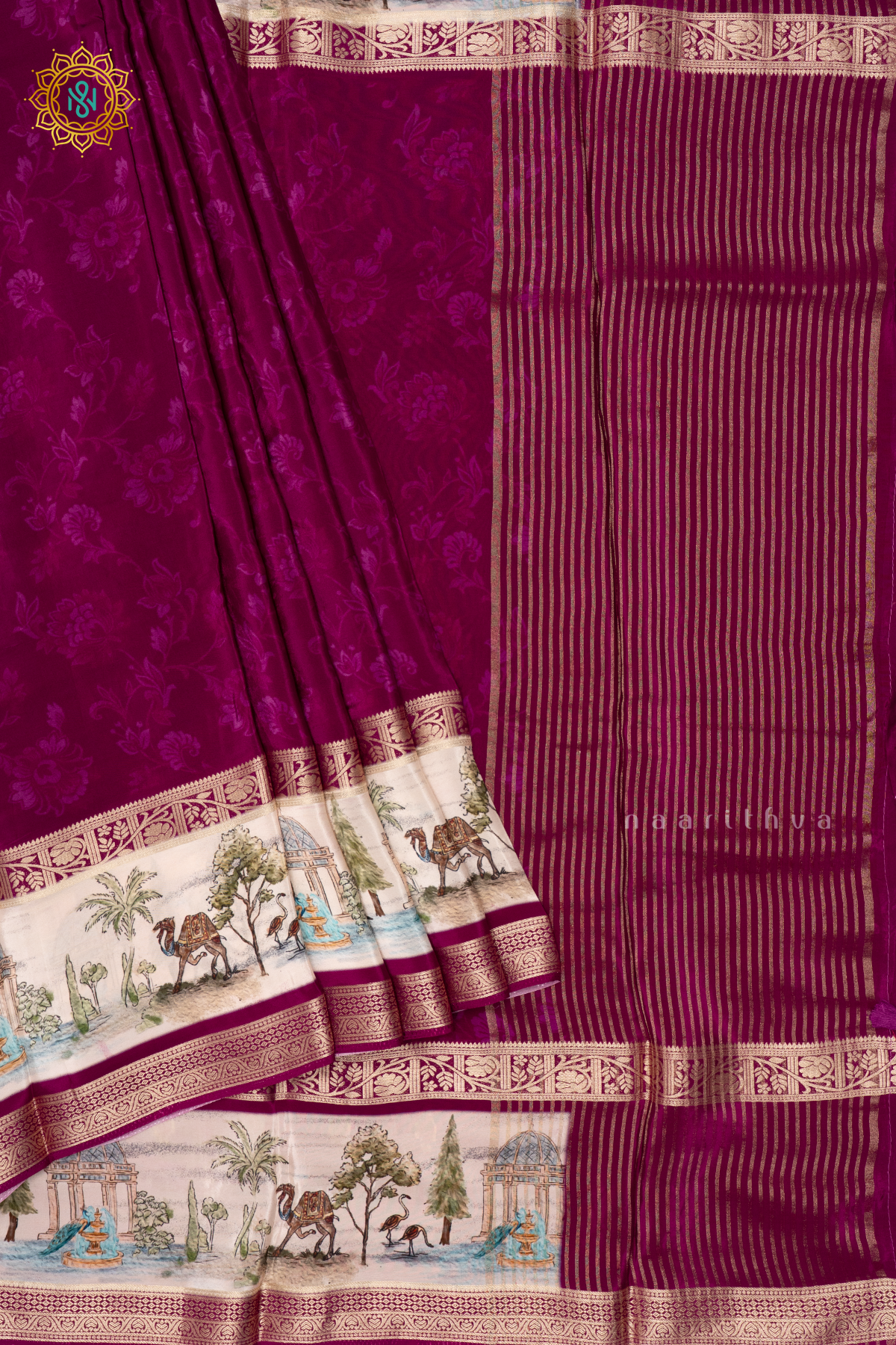 MAGENTA WITH OFF WHITE - SEMI CREPE SILK