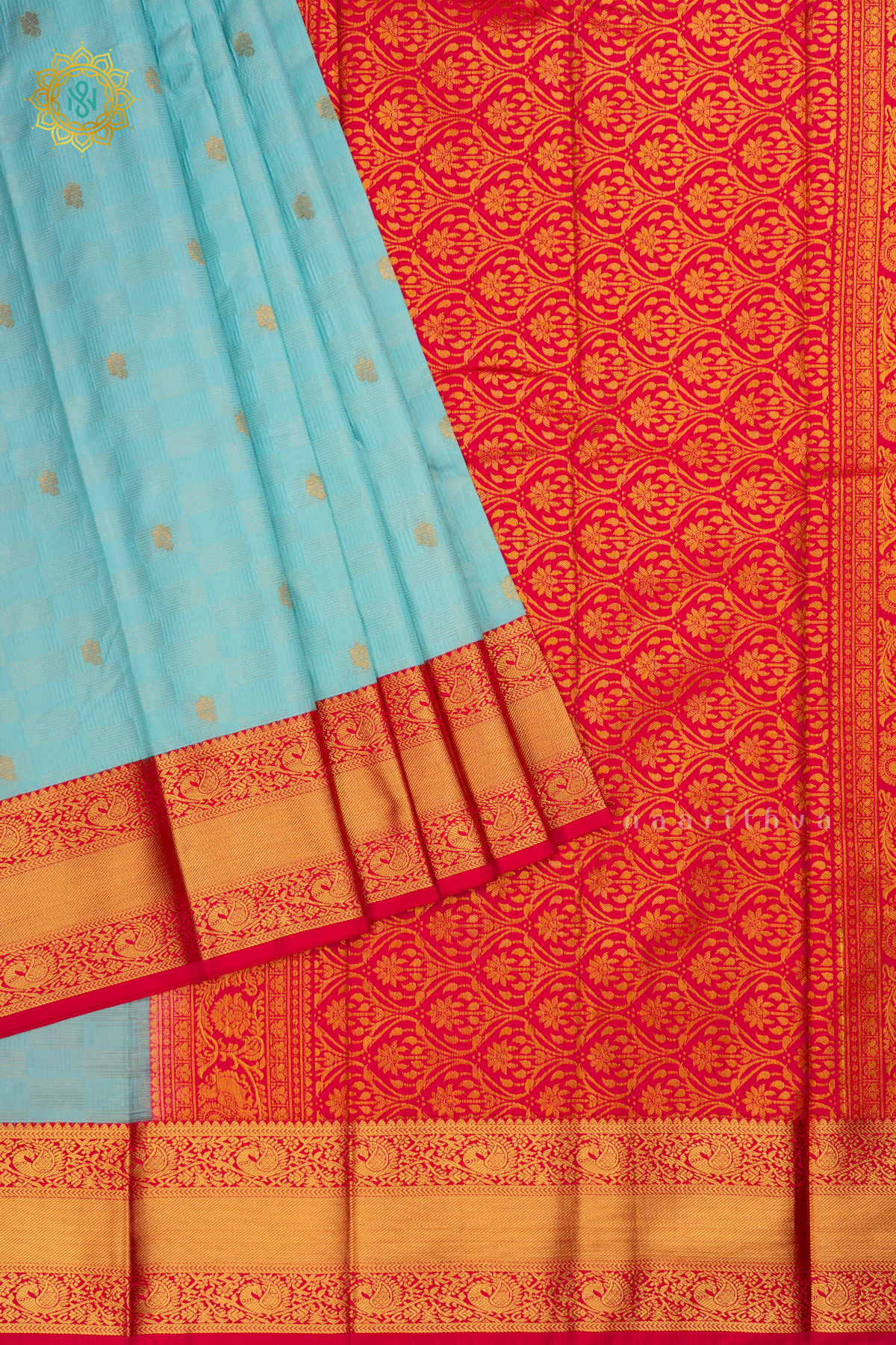 Sky Blue with Pink Semi Kanchi Saree With Zari Buttas All Over And Contrast Zari Border