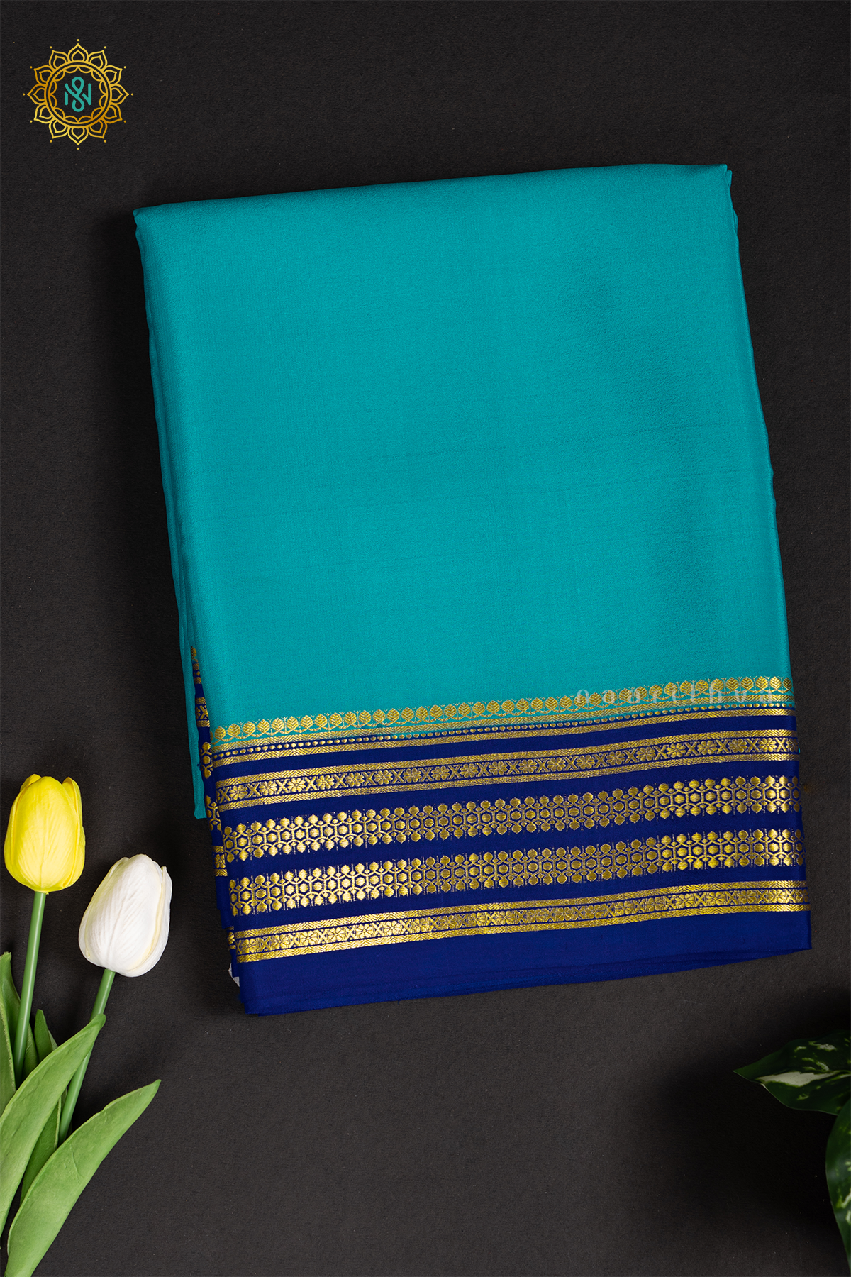 AQUA BLUE WITH ROYAL BLUE - PURE MYSORE CREPE SILK