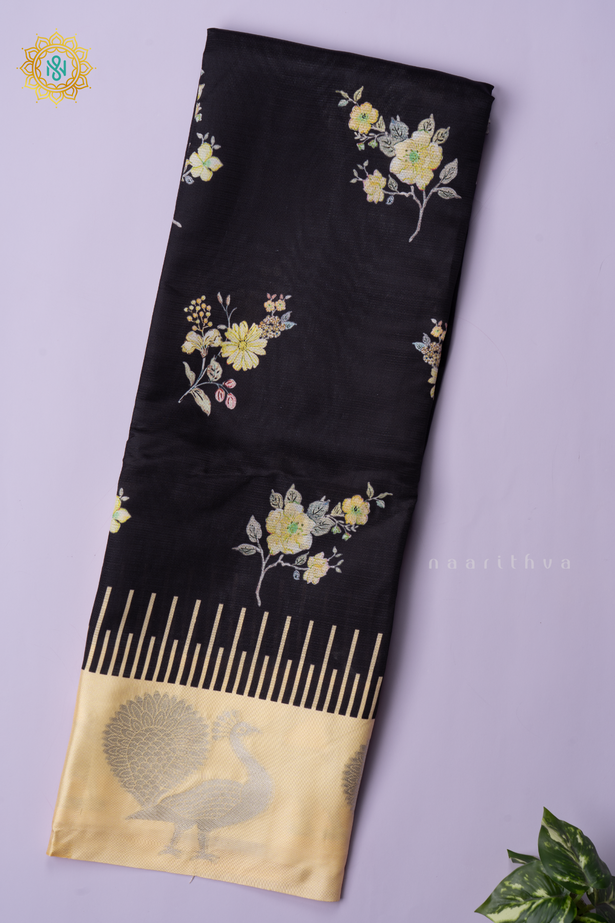 BLACK WITH LIGHT YELLOW - SEMI CREPE SILK