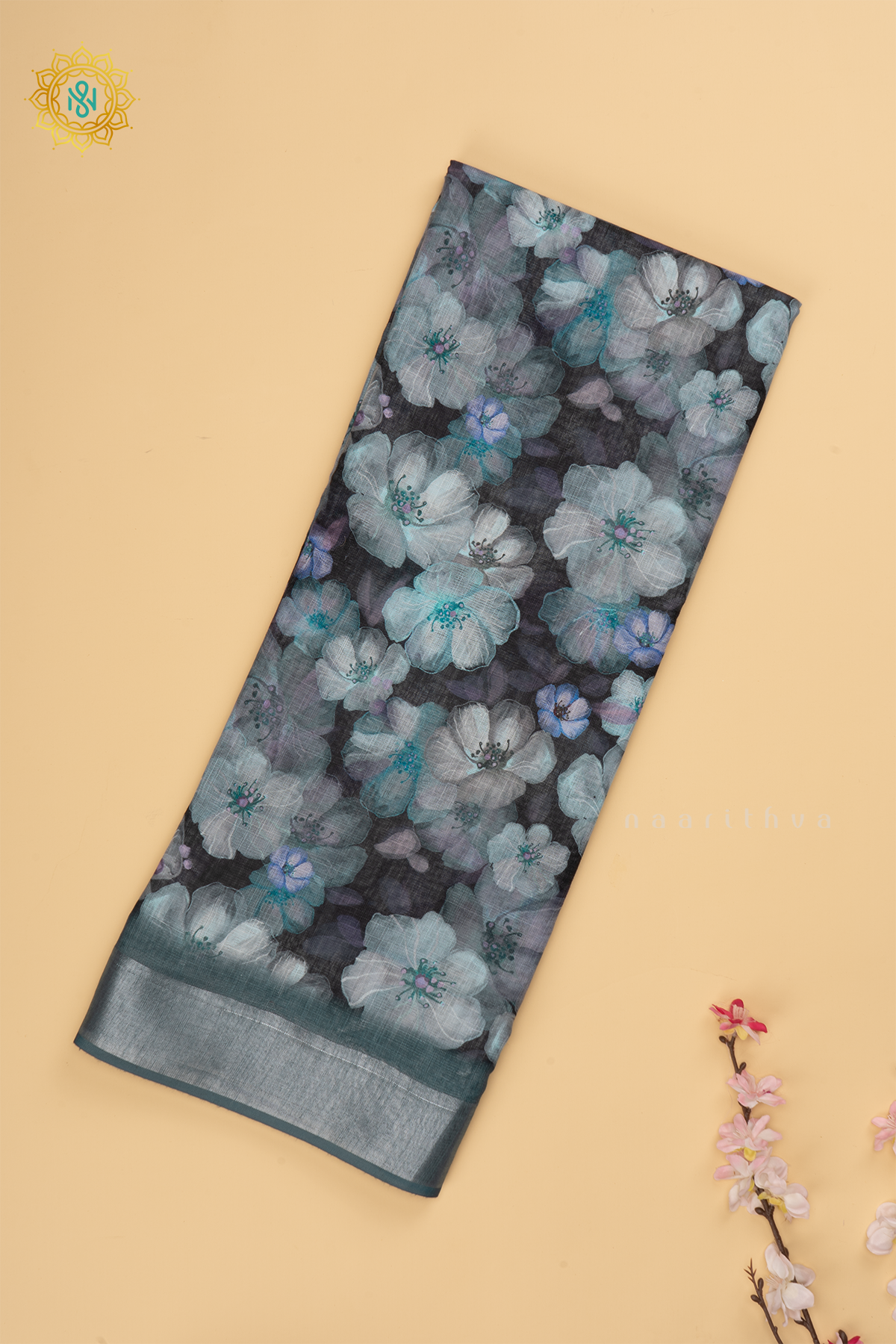 Sage Blue Linen By Cotton Saree With Floral Printed Body