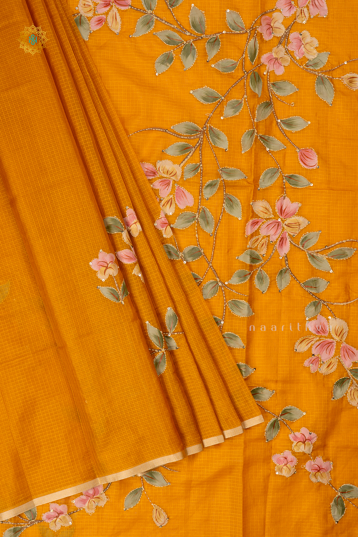 Yellow Kota Organza With Hand-Painted And Katha Work On The Body