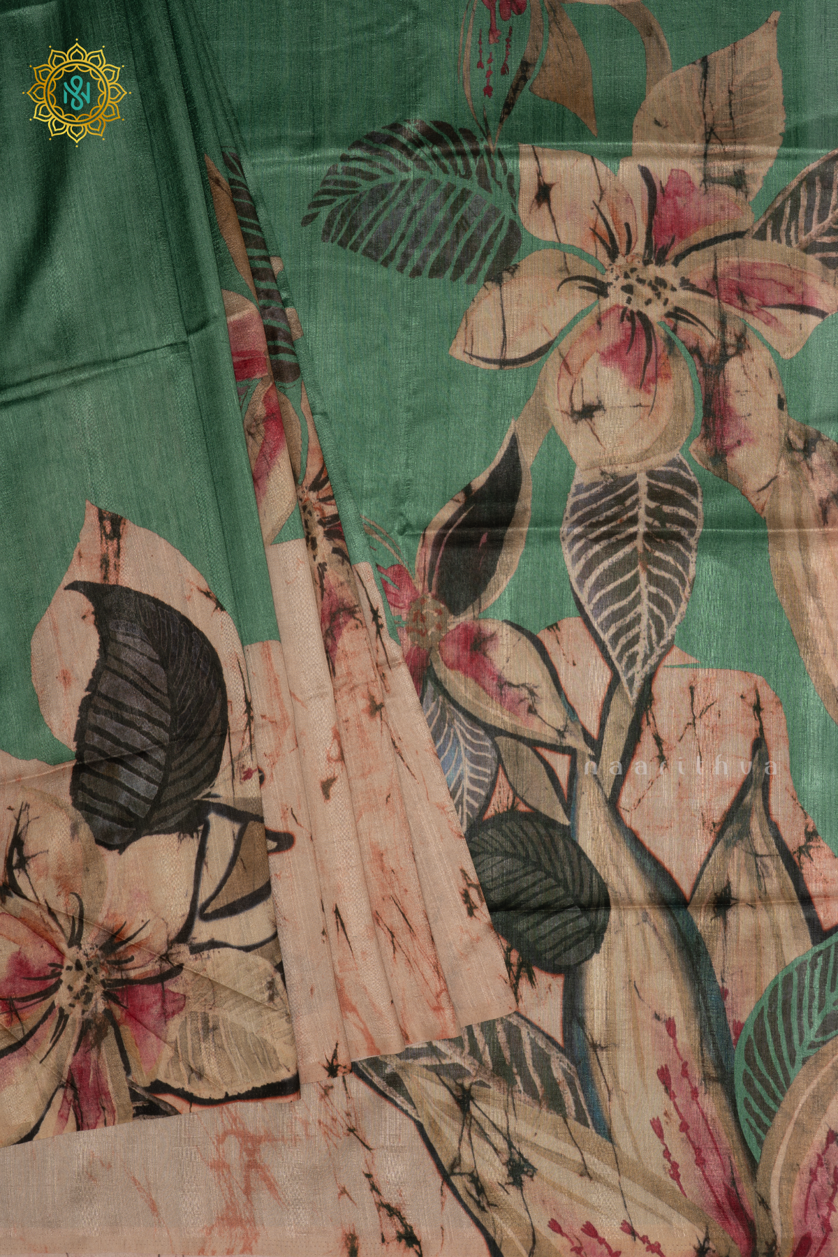Green - Semi Gicha Tussar Silk Saree with Allover Printed Body, Pallu and Blouse