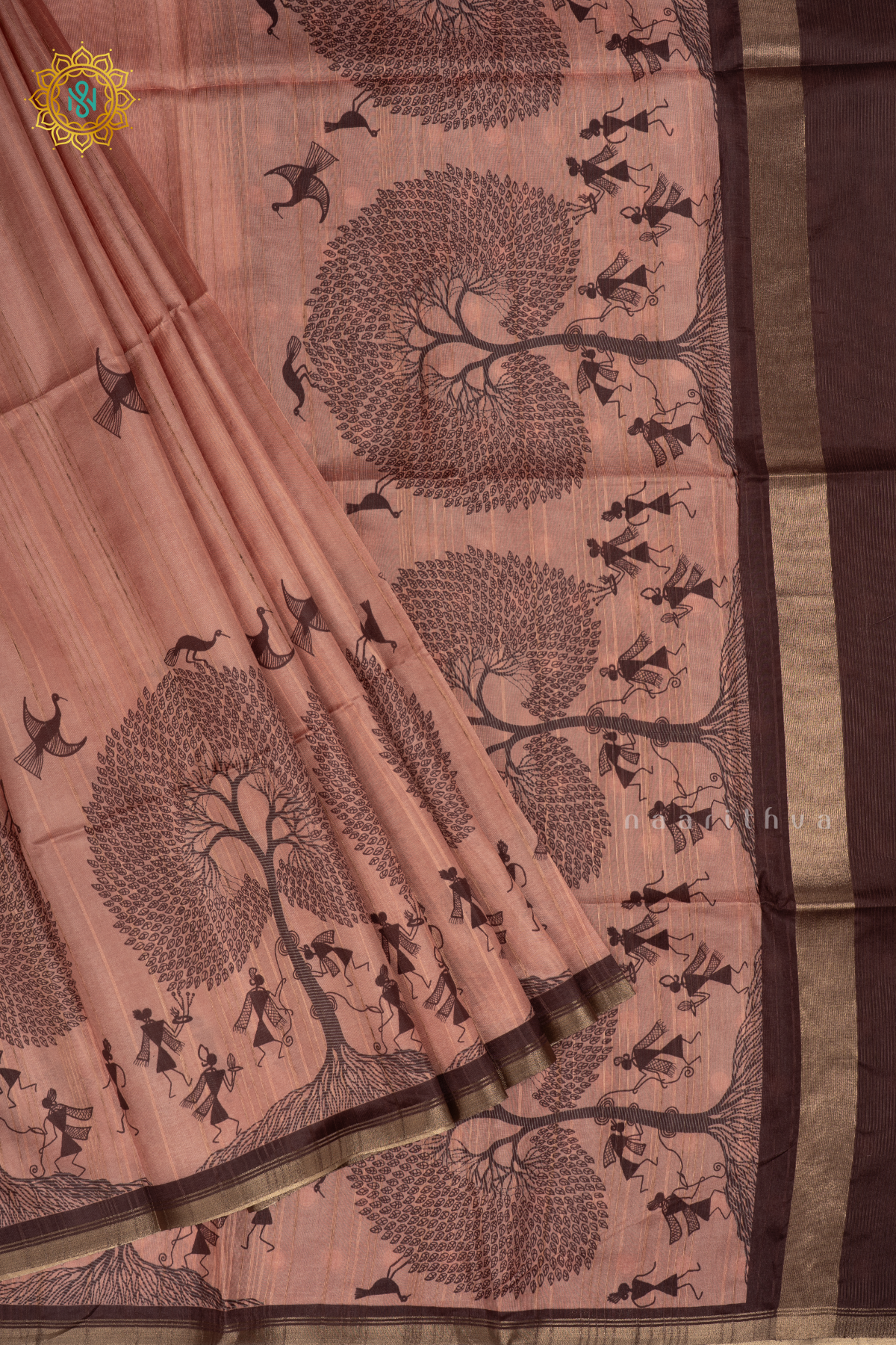 Peach Semi Tussar Silk Saree With Printed Body And Contrast Border