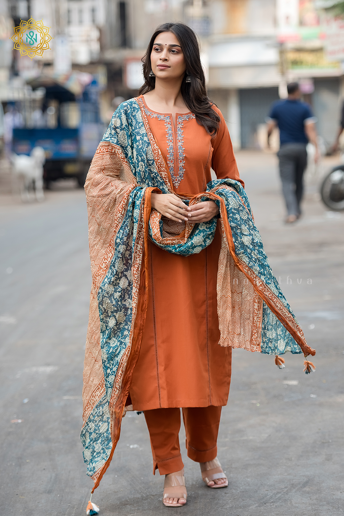 RUST ORANGE - COTTON 3PC SALWAR SUIT WITH TOP, BOTTOM & DUPATTA