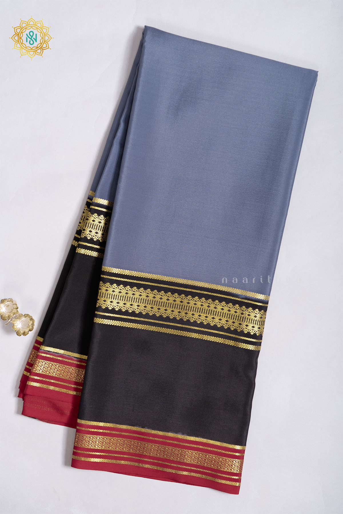 ELEPHANT GREY WITH BLACK & RED - PURE MYSORE CREPE SILK