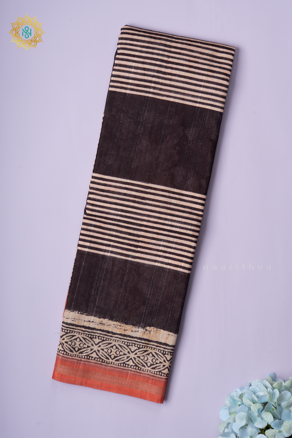 BLACK WITH ORANGE - SEMI TUSSAR SILK