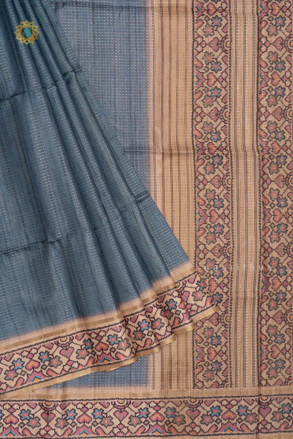 BLUE WITH BEIGE - SEMI TUSSAR SILK