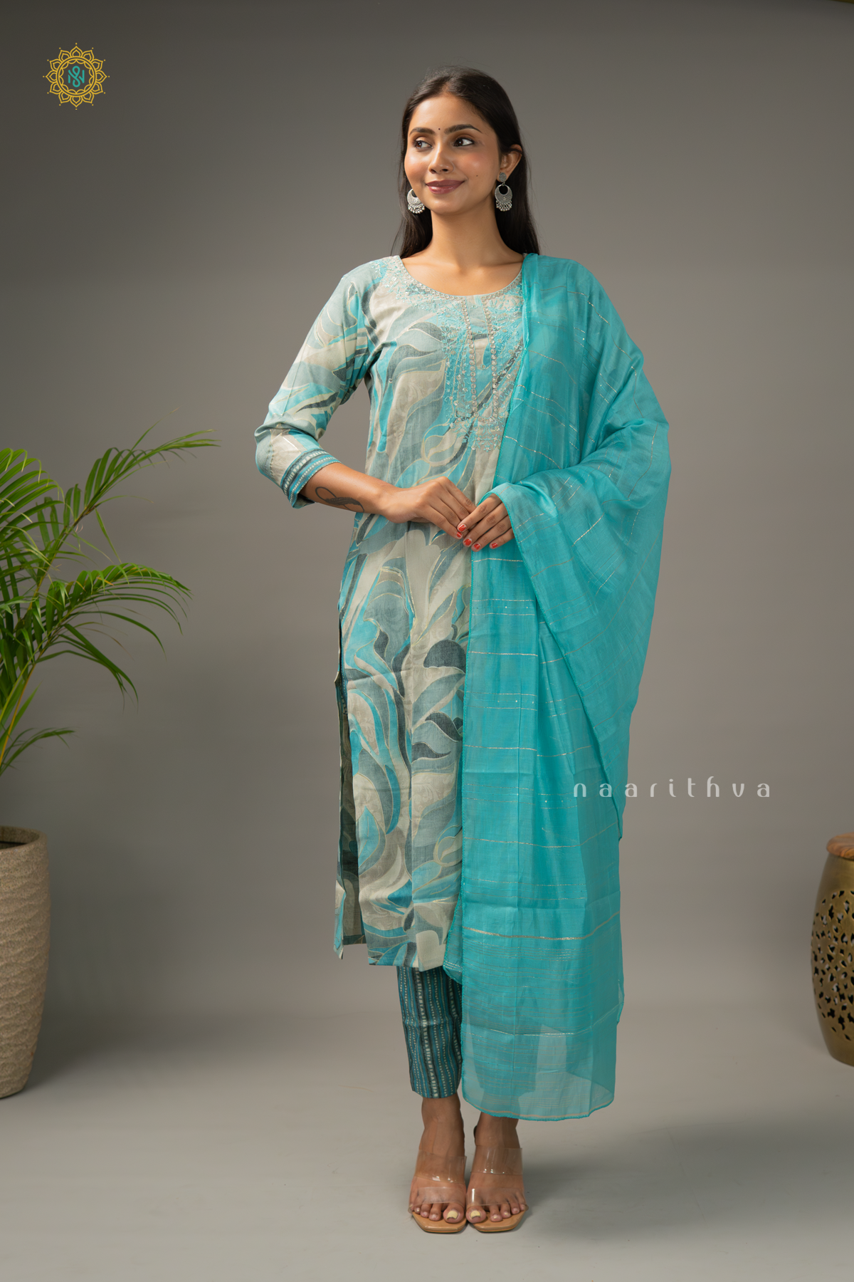 AQUA BLUE - COTTON 3PC SALWAR SUIT WITH PRINTED TOP, BOTTOM & DUPATTA