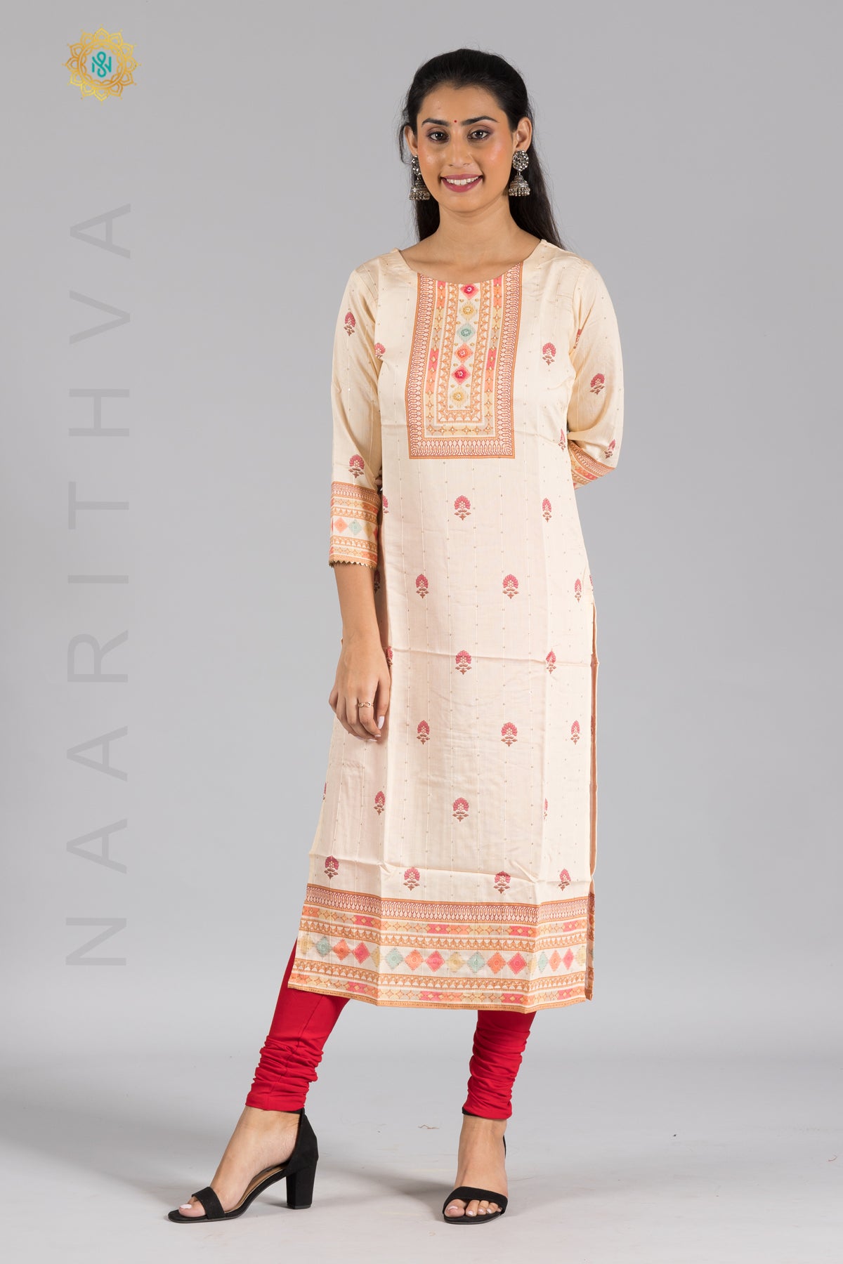 CREAM - CASUAL KURTI WITH NECK EMBROIDERY