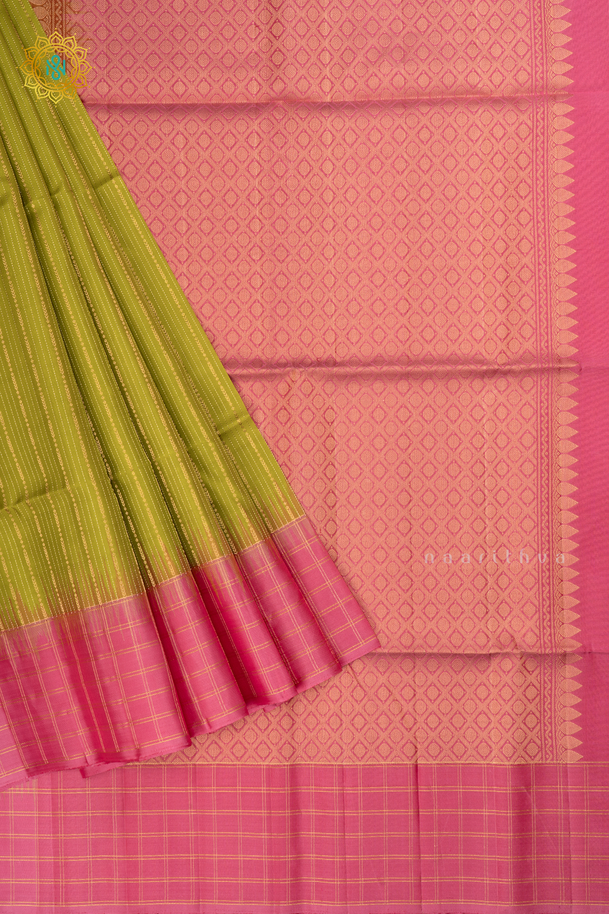 Electric Lime with Light Pink Pure Kanjivaram Soft Silk Saree With Allover Zari Stripes and Contrast Zari Checks Border