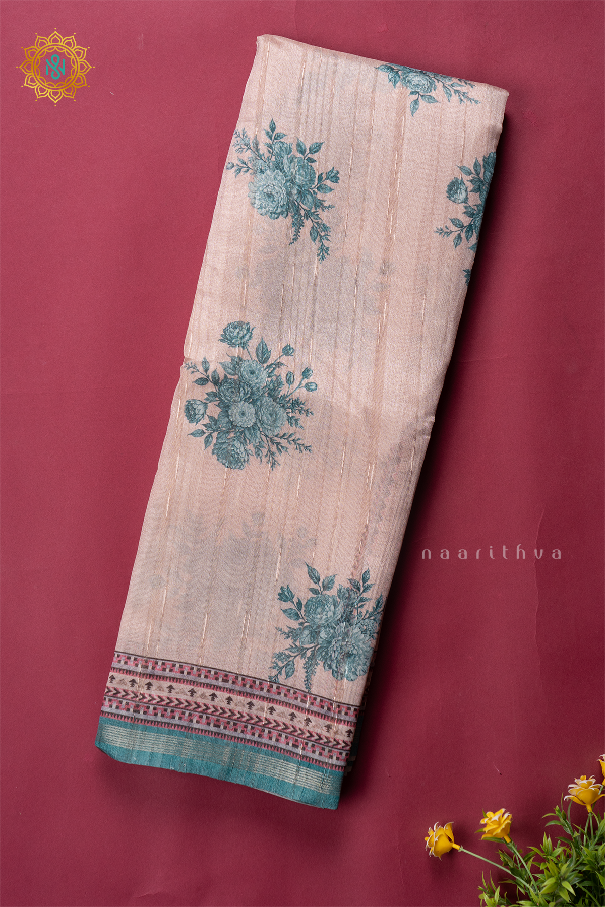 BEIGE WITH AQUA GREEN - SEMI TUSSAR