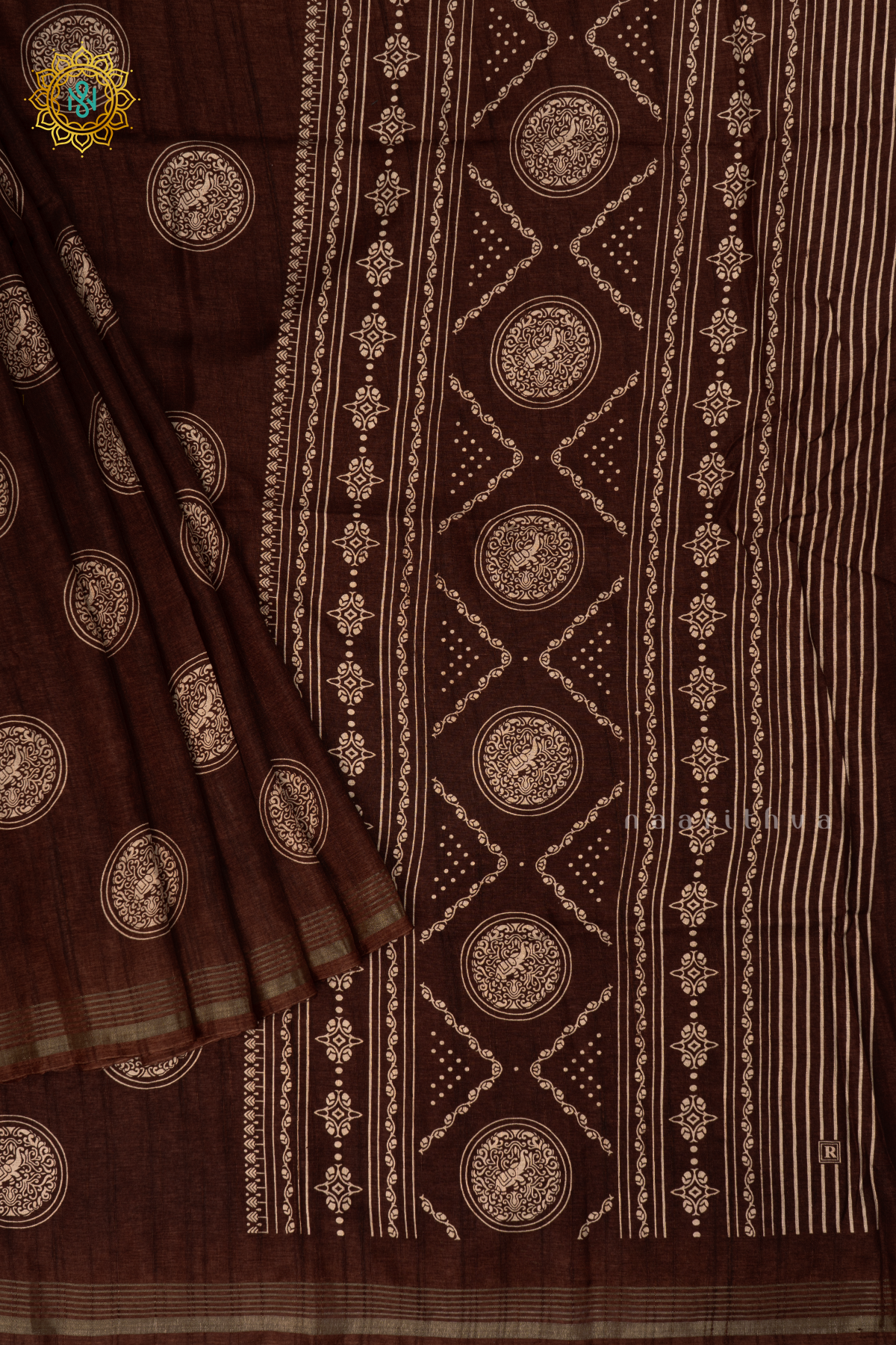 Brown - Semi Tussar Silk Saree Allover Printed Buttas on the body with Zari Border