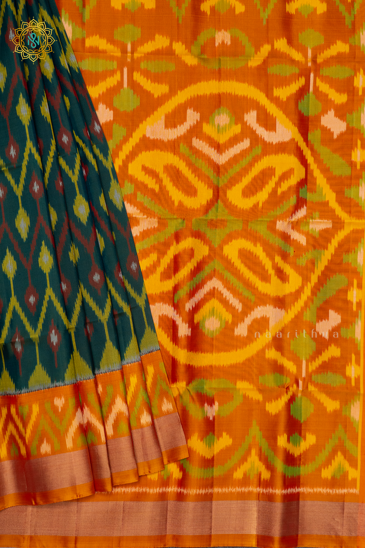 BOTTLE GREEN WITH ORANGE - PURE KANJIVARAM IKAT SOFT SILK