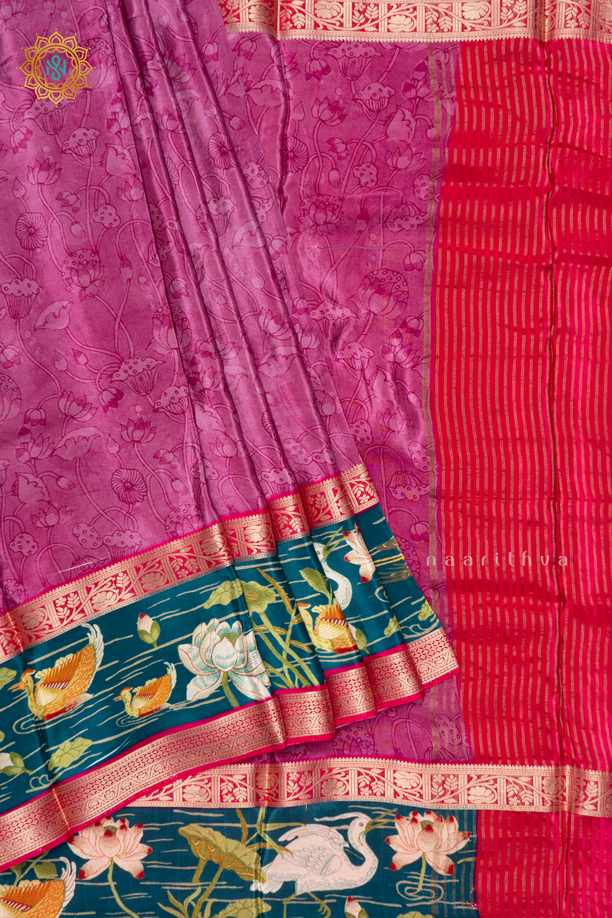 PINK WITH TEAL BLUE - SEMI CREPE SILK