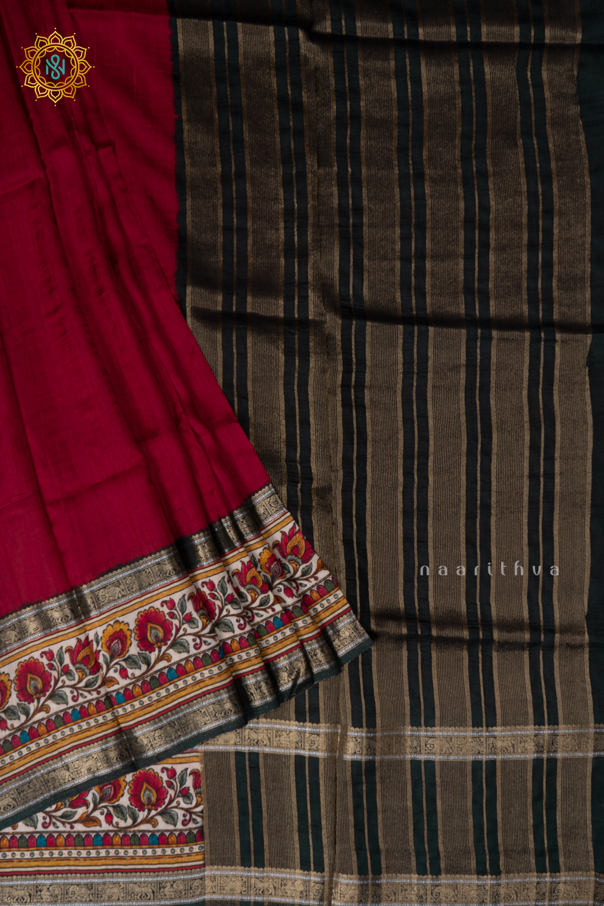 Red With Olive Green Printed Semi Crepe Silk With Contrast Border, Pallu