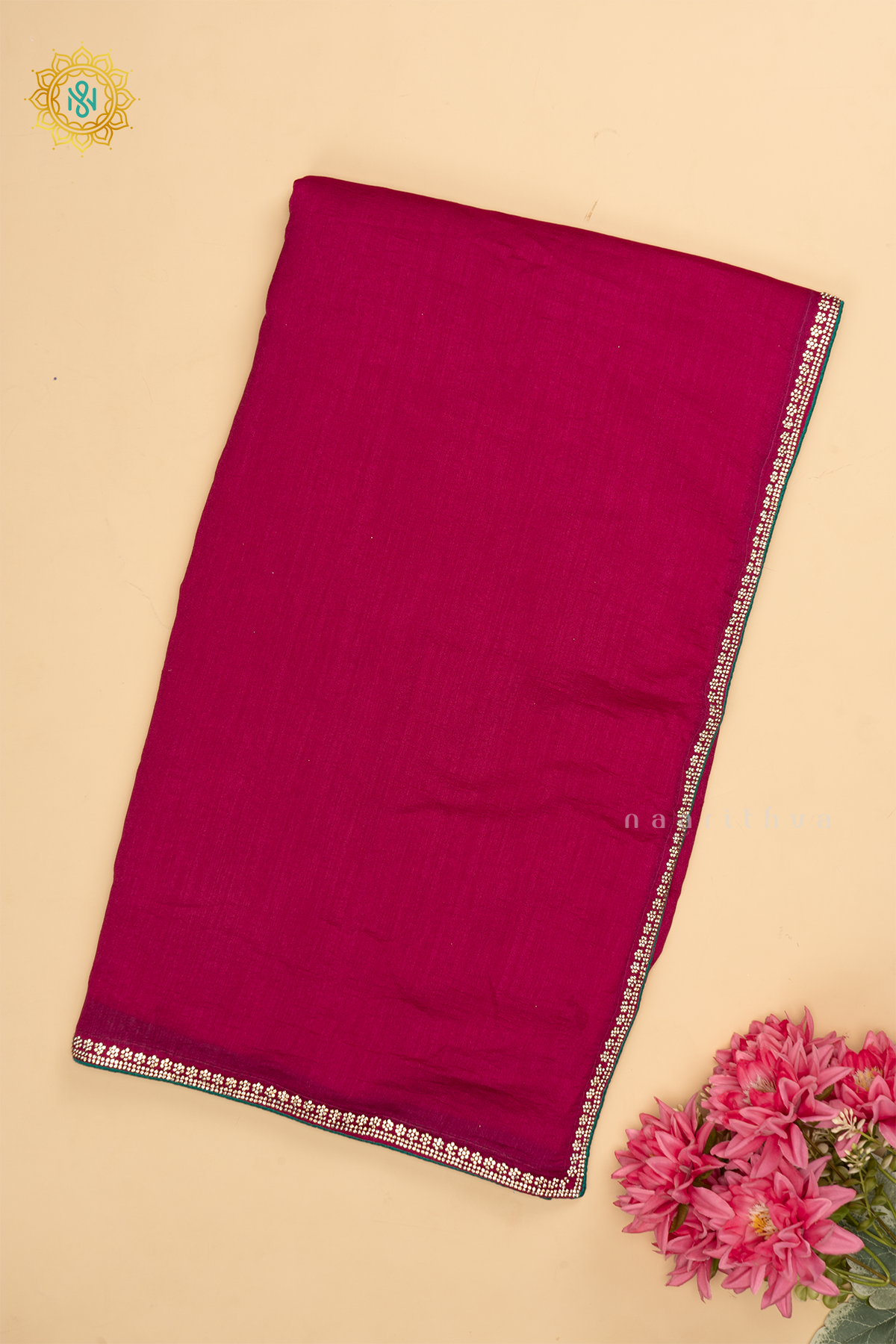 Rani Pink with Aqua Green - Party Wear Tussar Georgette Saree Allover Plain Body with Stone Work Border, with Contrast Blouse