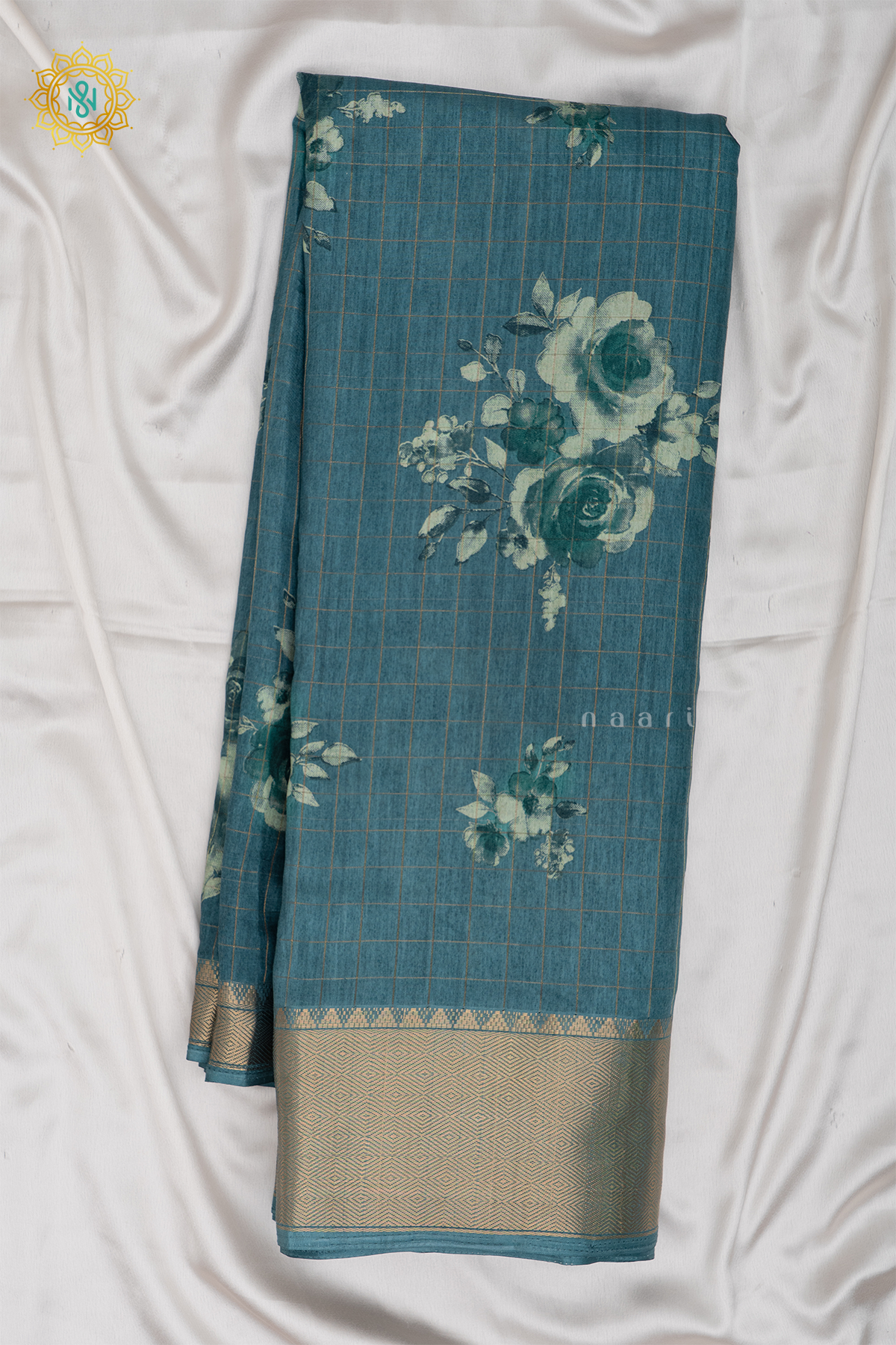 Aqua Green Dola Silk Saree With Zari Checks And Printed Body With Zari Border