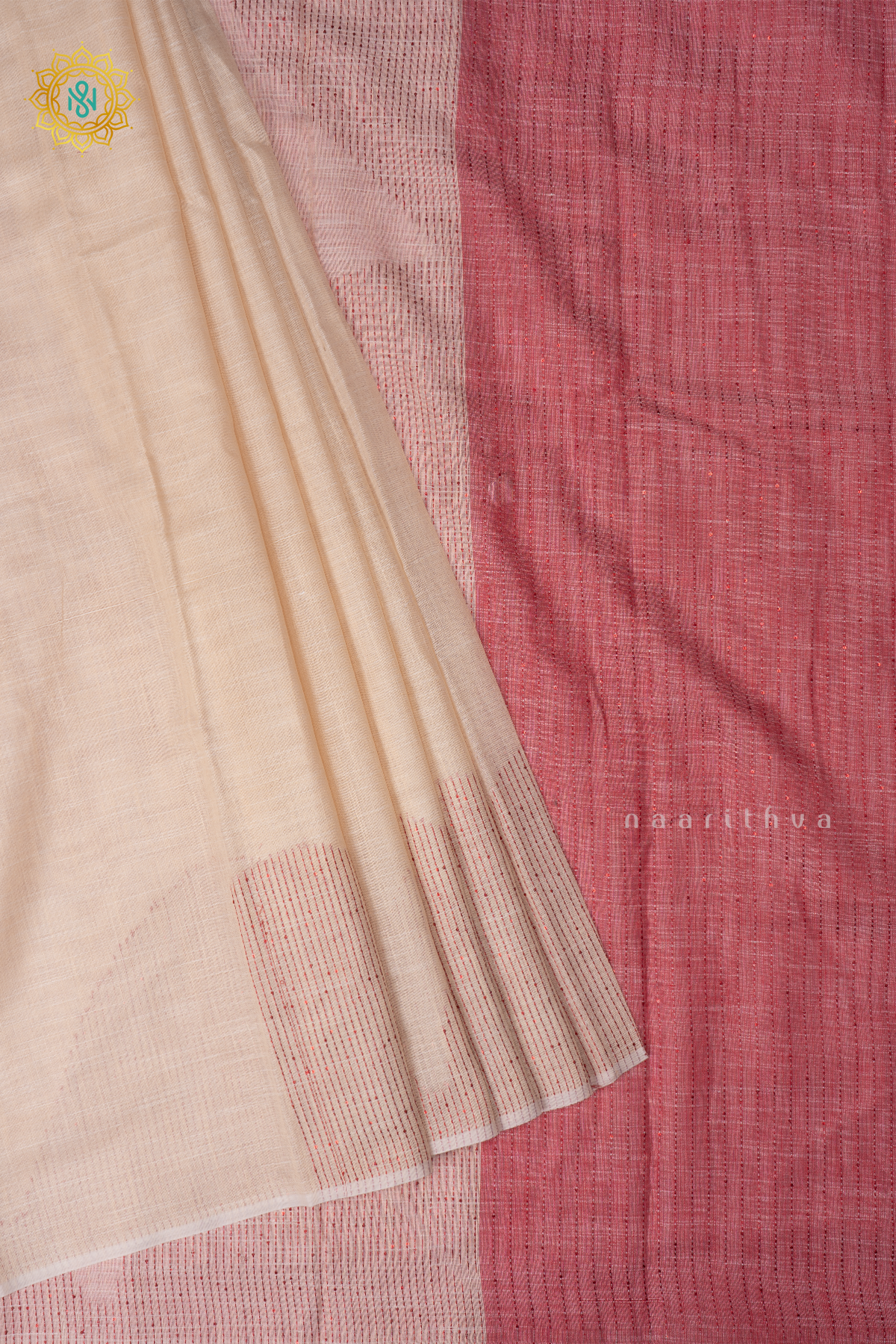Off white With Peach Linen By Cotton Saree With Contrast Pallu & Blouse
