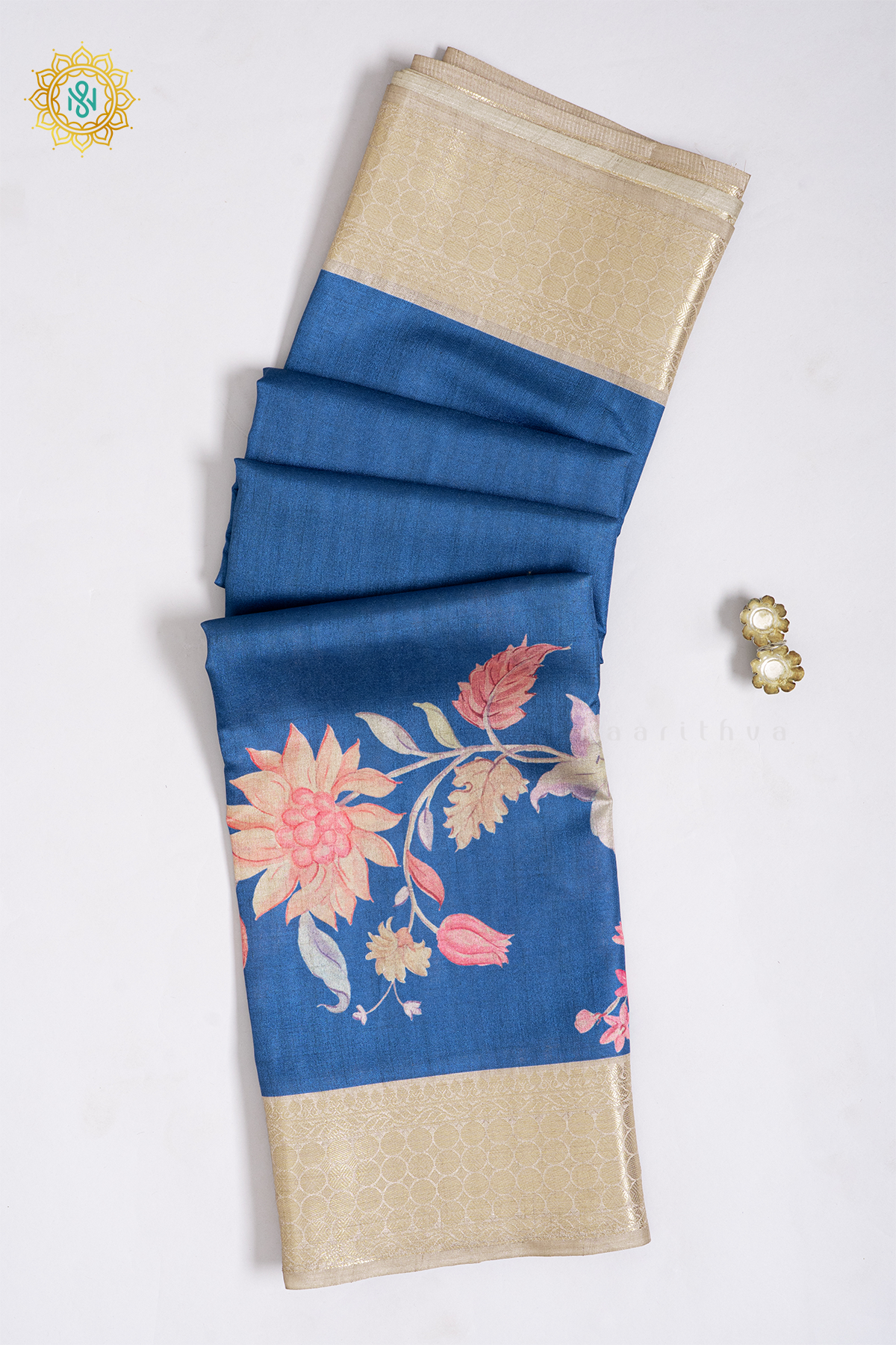 BLUE WITH OFF WHITE - SEMI TUSSAR SILK