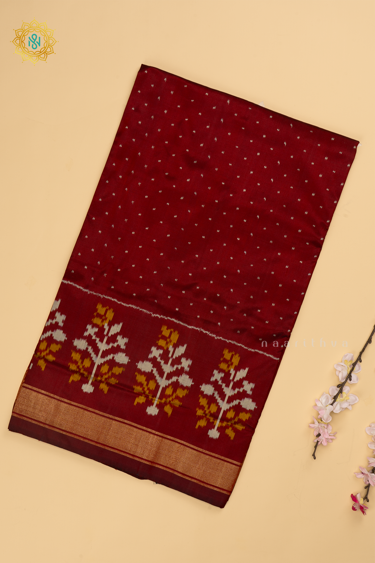 Maroon Ikkat Pure Silk Saree with Patola Printed Body and Zari Border