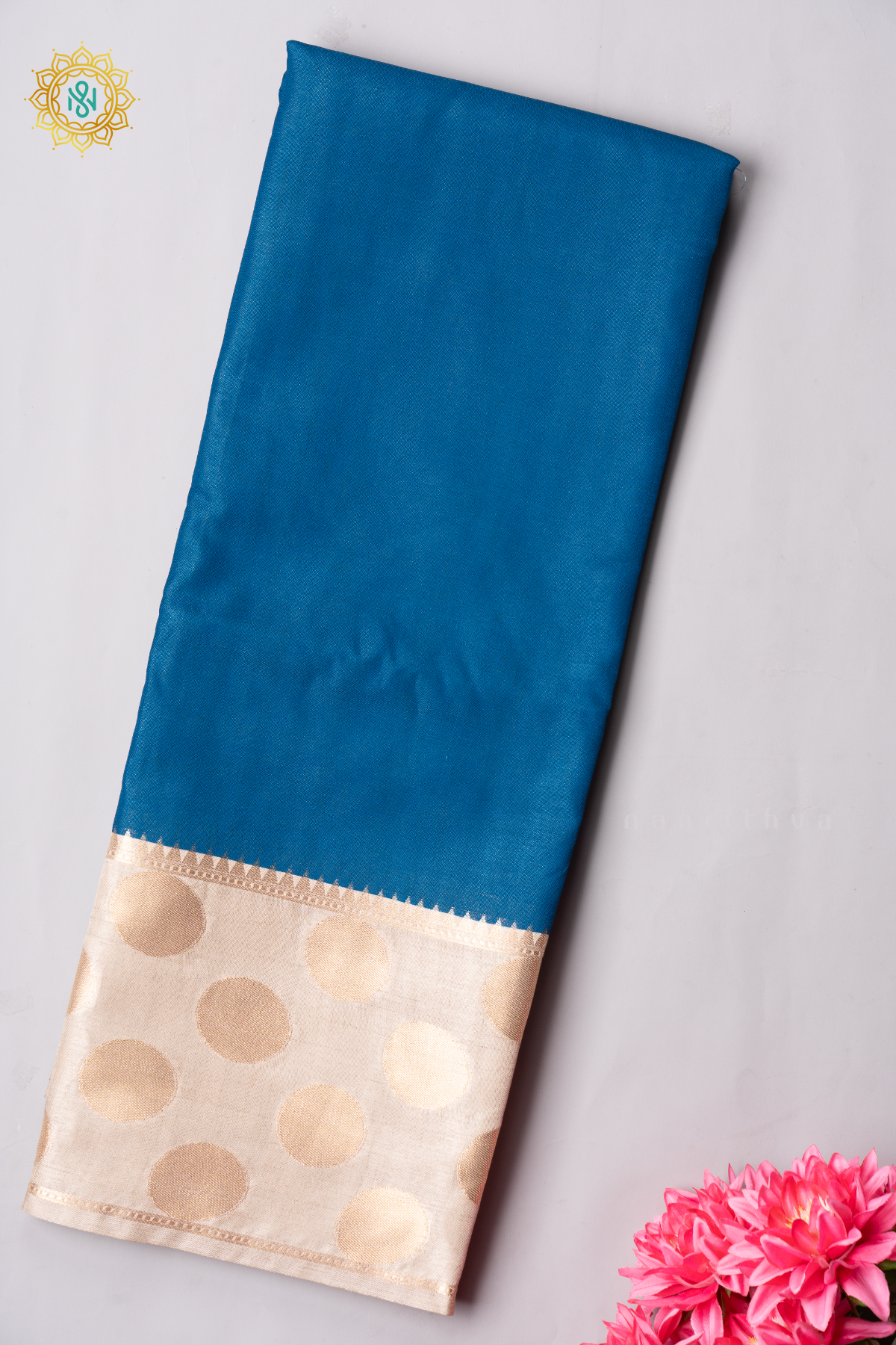 TEAL BLUE WITH BEIGE - SEMI TUSSAR SILK