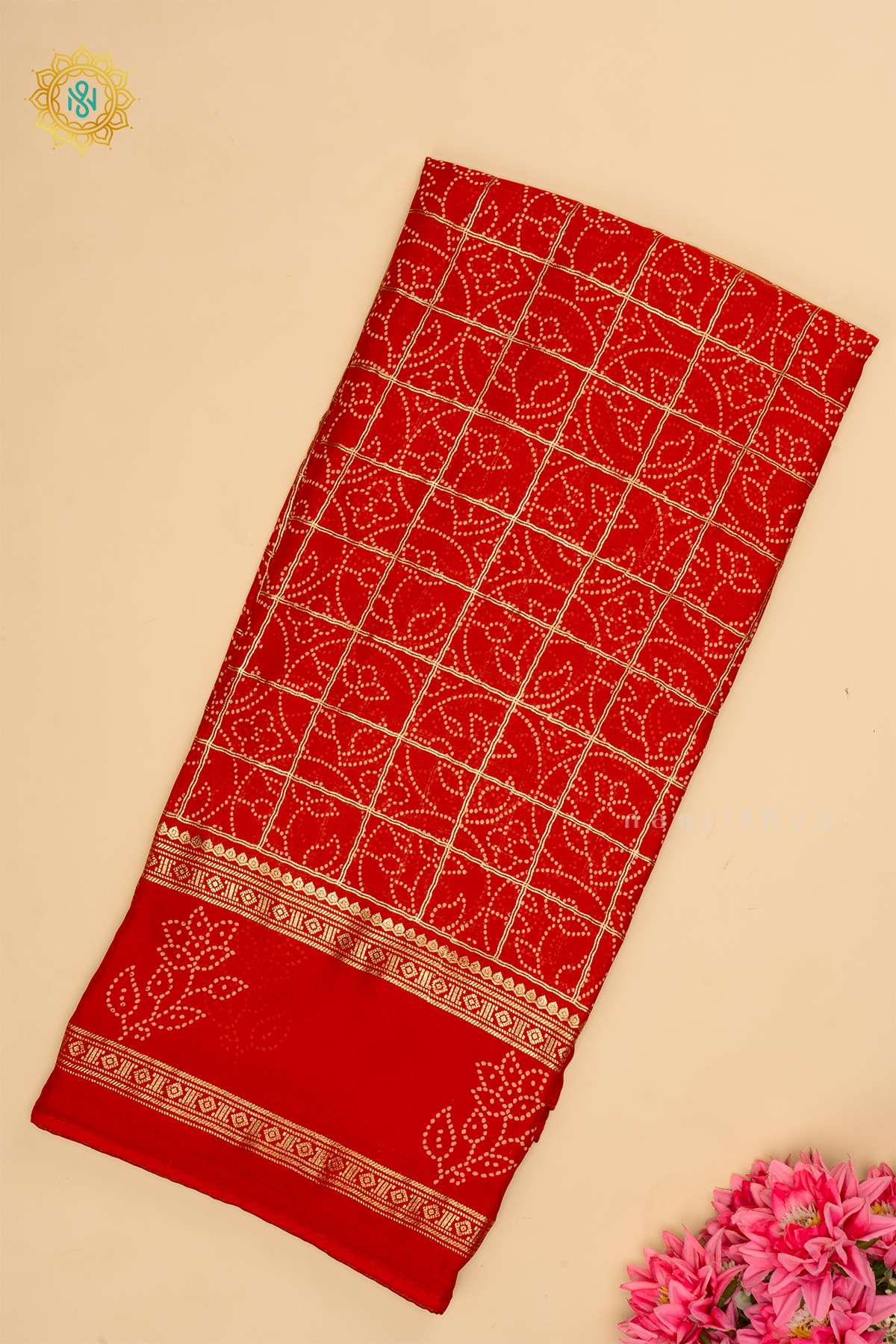 Red Chiffon Georgette Saree Allover Printed Body And Zari Checks With Zari Gap Border