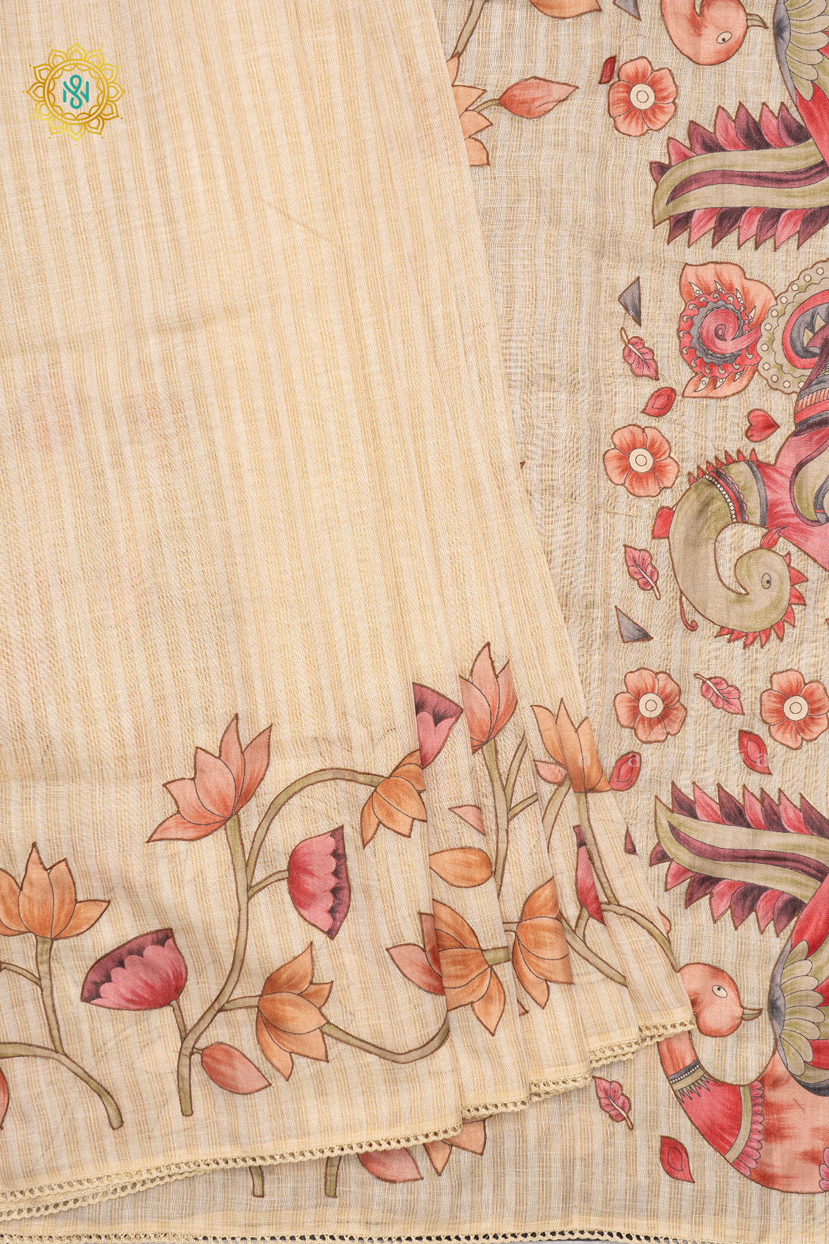 OFF WHITE WITH PEACH - LINEN TISSUE WITH APPLIQUE WORK