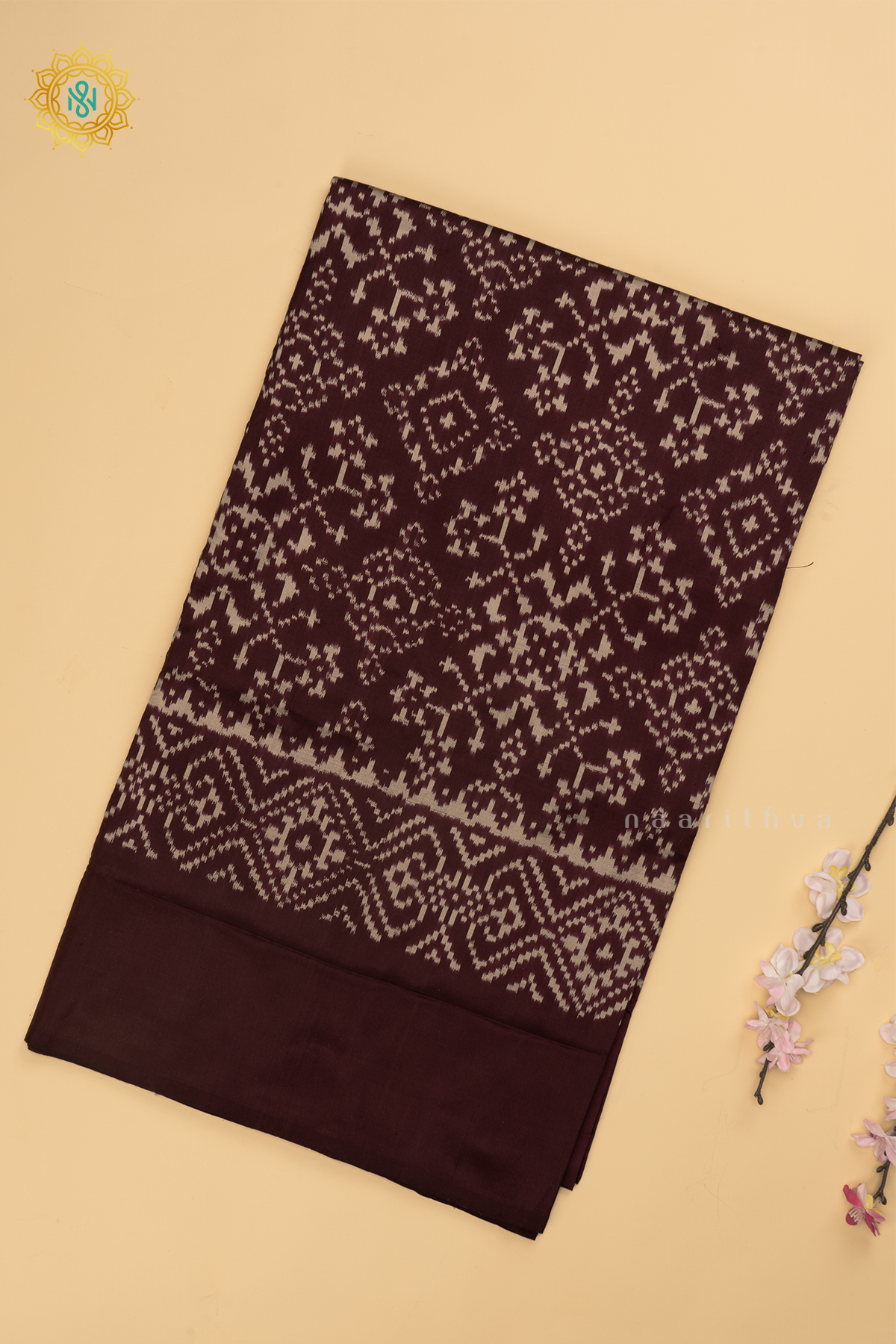 Deep Wine Ikkat Pure Silk Saree with Patola Printed Body and Plain Border