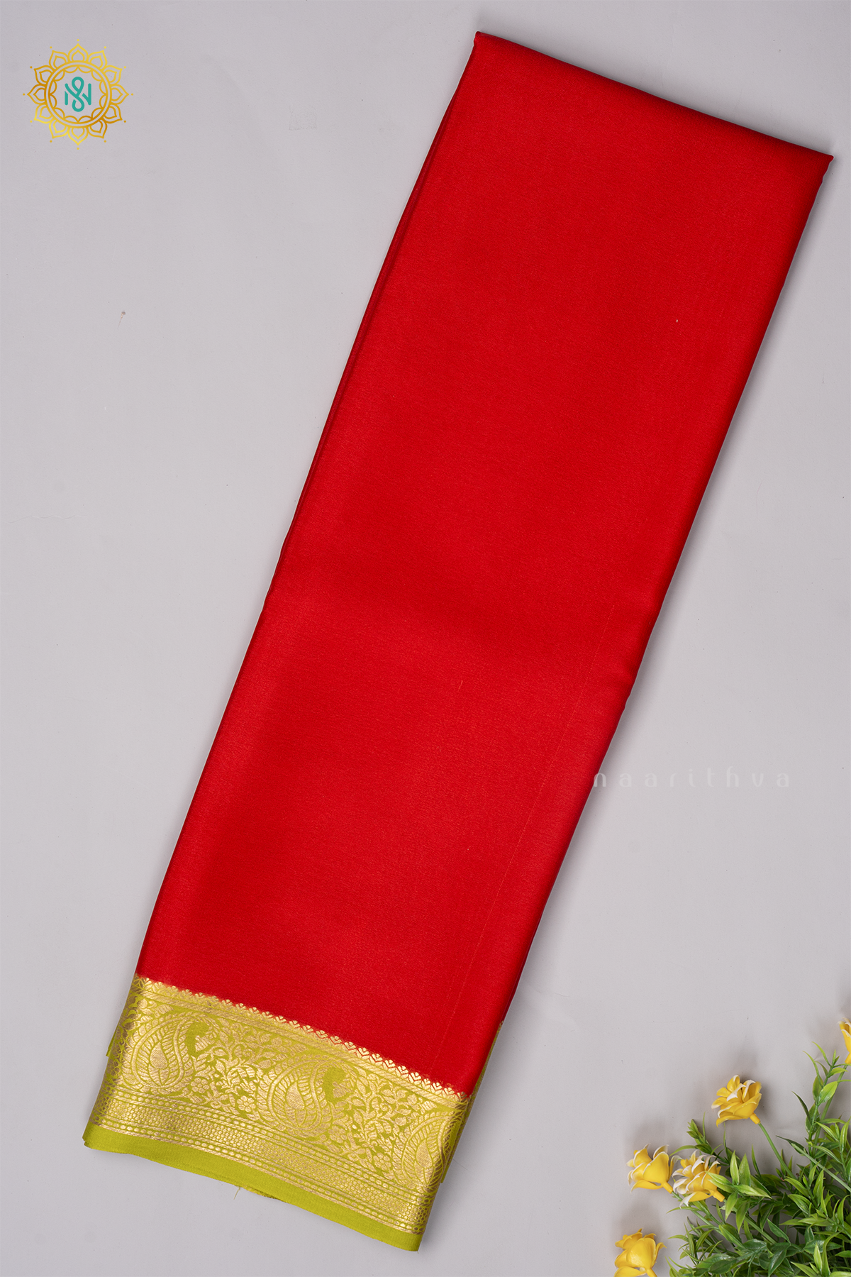 RED WITH PARROT GREEN - PURE MYSORE CREPE SILK
