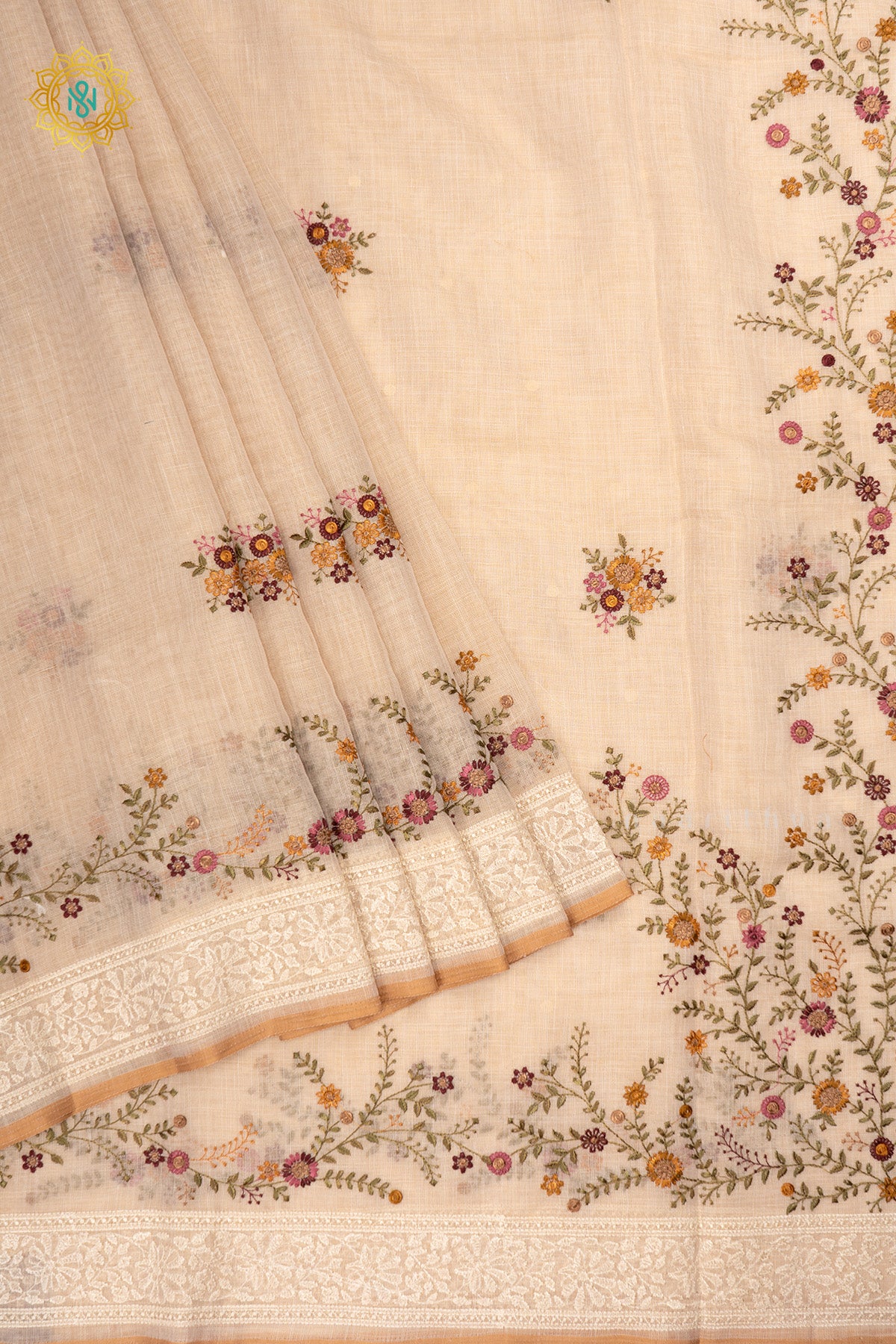 Off white Linen Tissue Saree with All-Over Embroidered Buttas on the Body, Featuring an Embroidery Border and Pallu