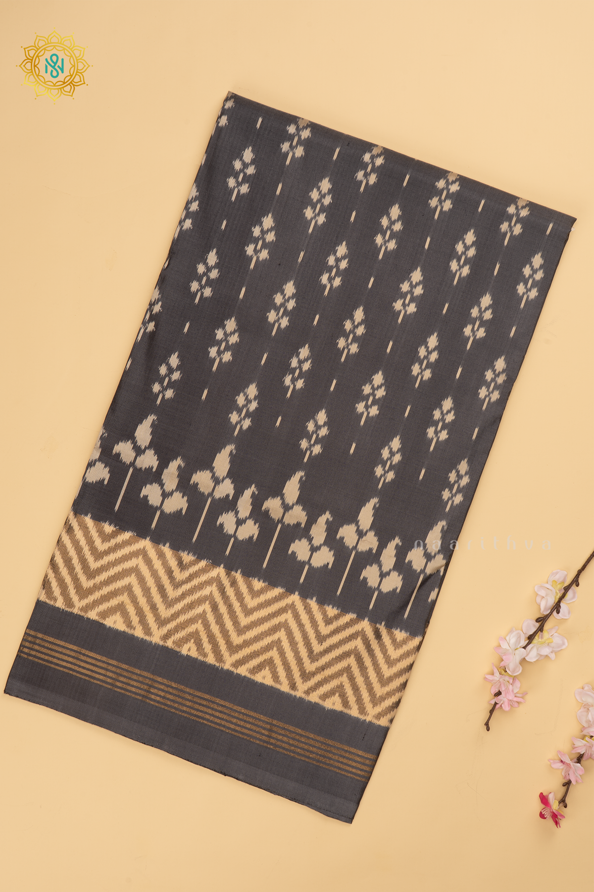 Elephant Grey Ikkat Pure Silk Saree with Patola Printed Body and Zari Border