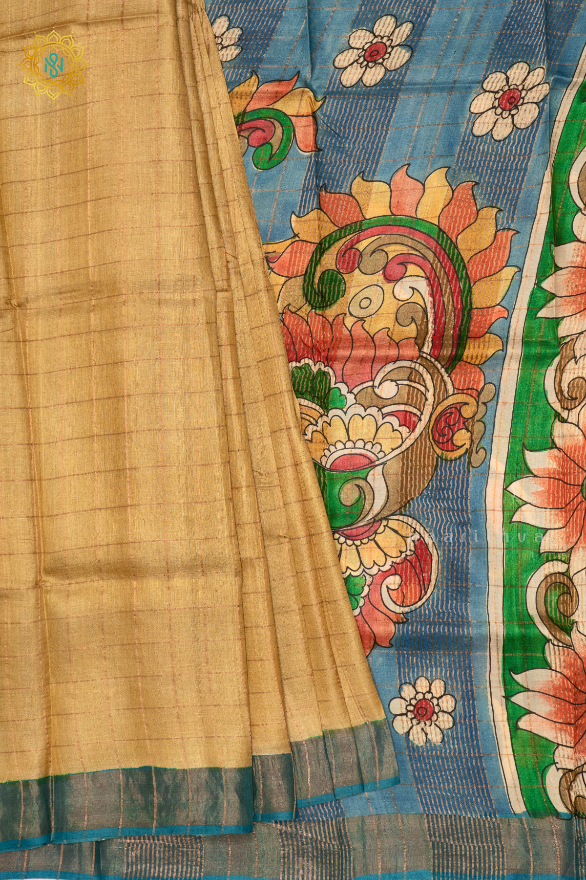 LIGHT YELLOW WITH AQUA BLUE - PURE TUSSAR SILK