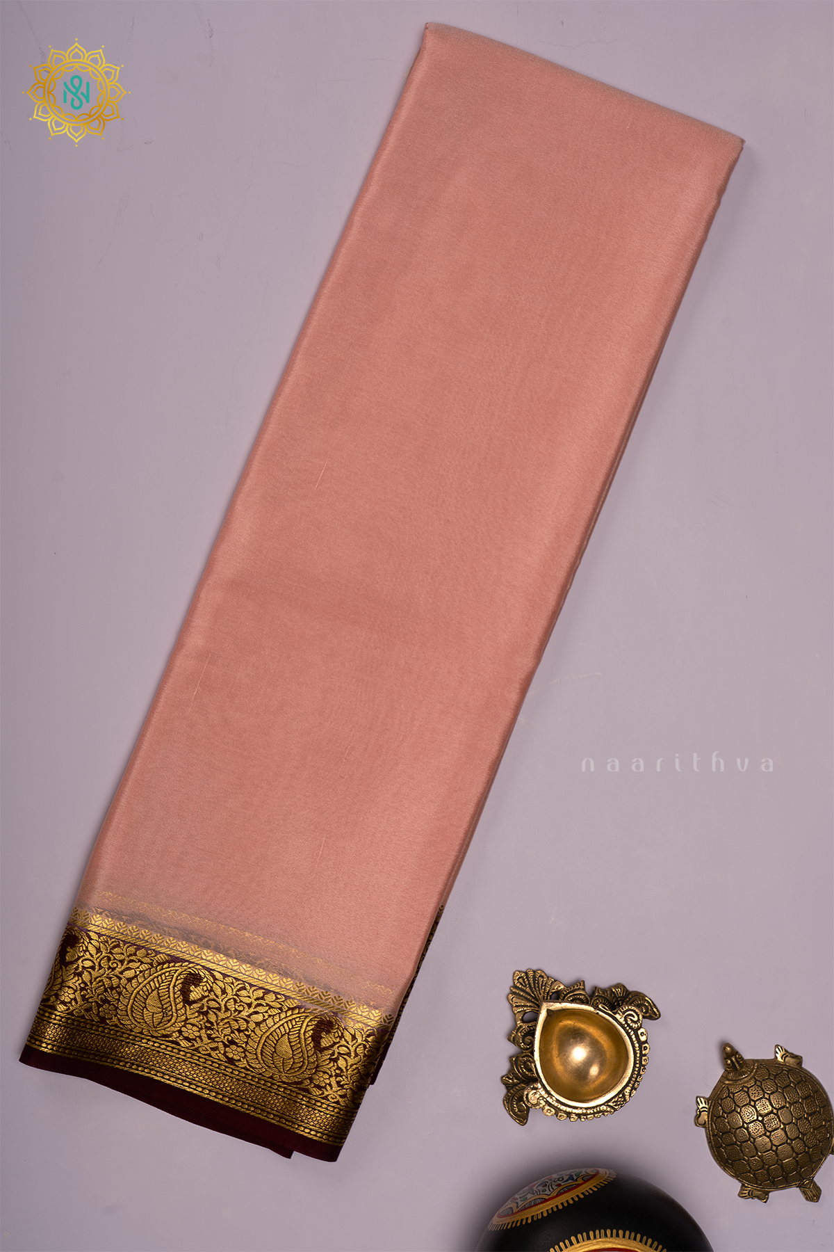 PEACH WITH BROWN - PURE MYSORE CREPE SILK