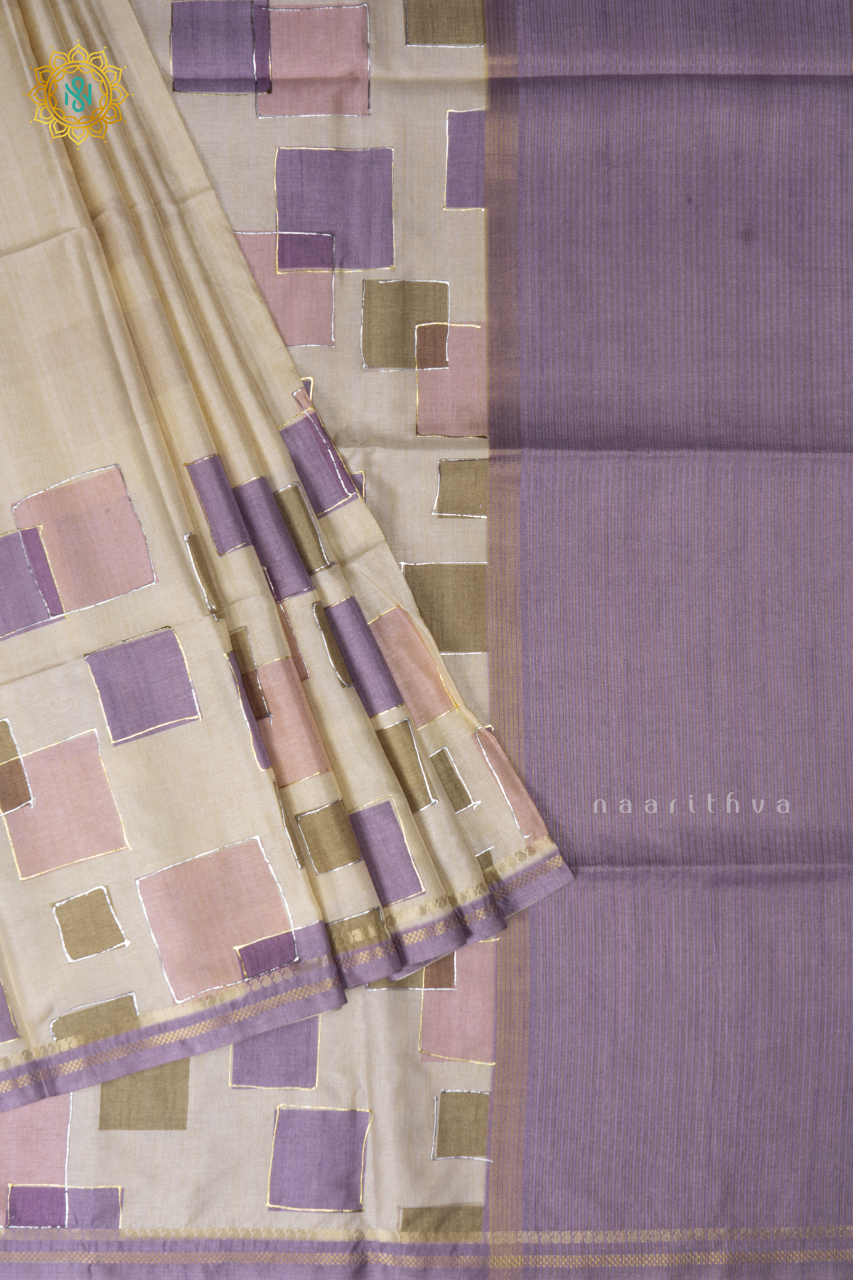 Off White With Lavender Semi Tussar Silk Saree With Allover Geometrical Prints On The Body With Contrast Pallu