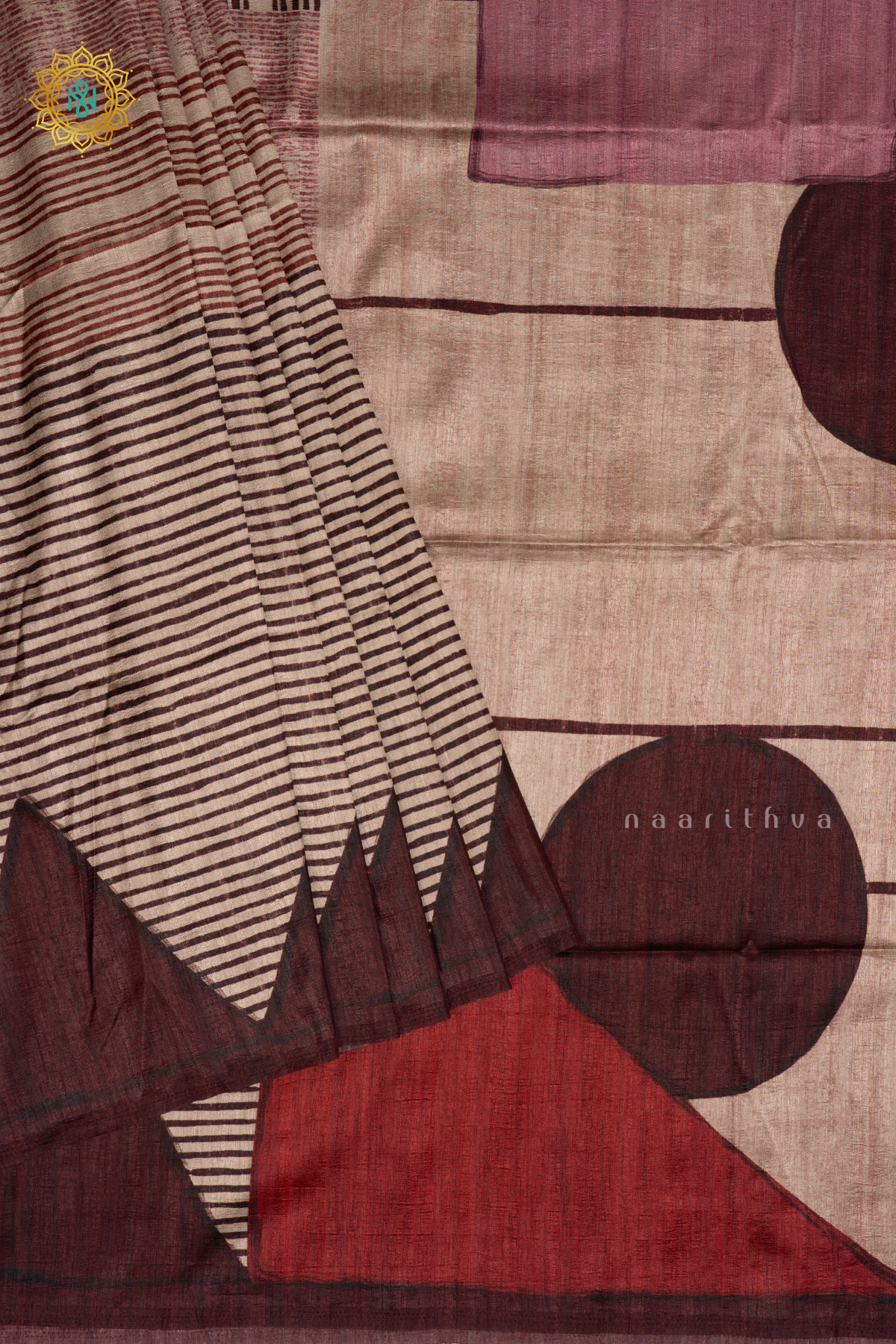 Off White with Maroon - Semi Gicha Tussar Silk Saree with Allover Printed Body, Pallu and Blouse