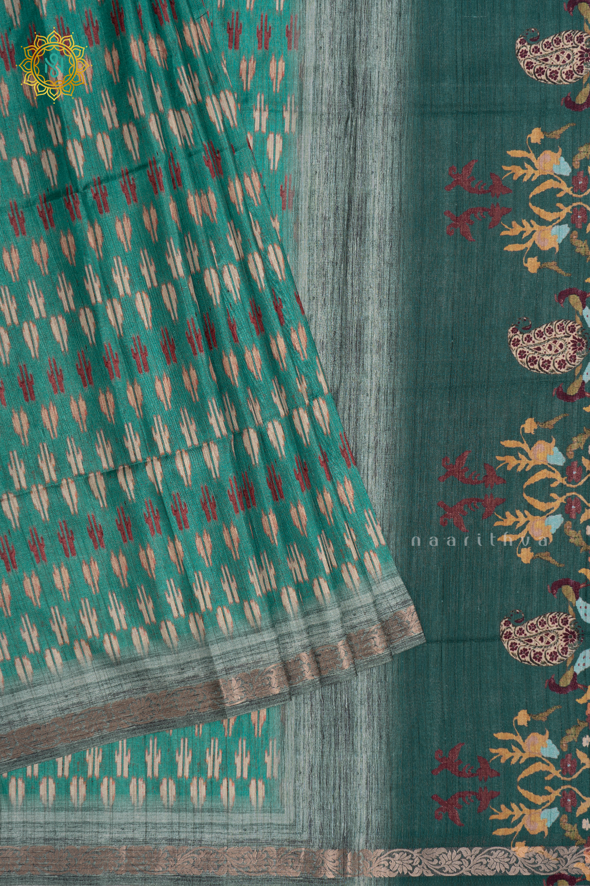 Aqua Green - Semi Gicha Tussar Saree Allover Printed Body With Zari Border Pallu And Blouse