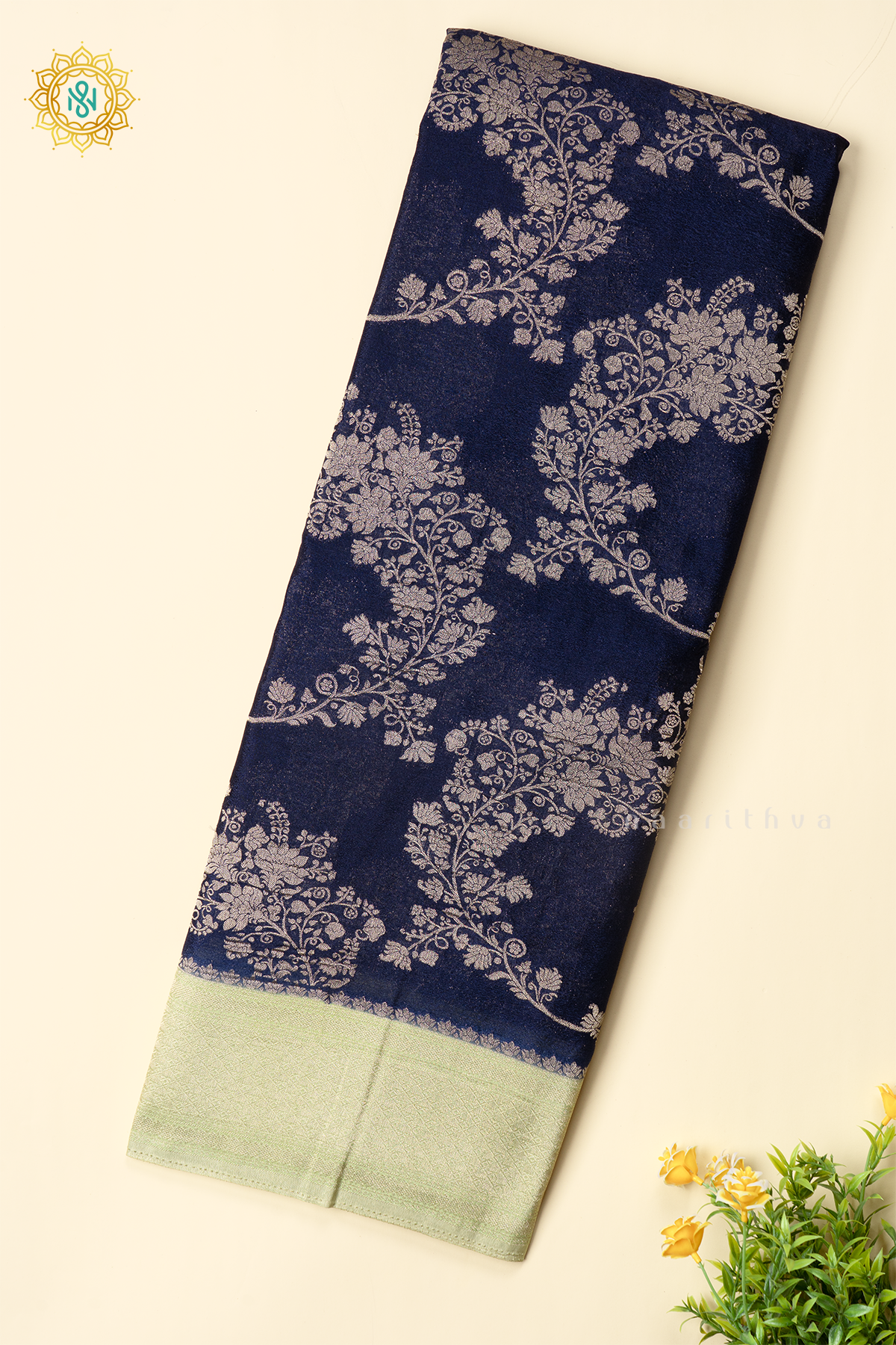 NAVY BLUE WITH GREEN - SEMI CREPE GEORGETTE