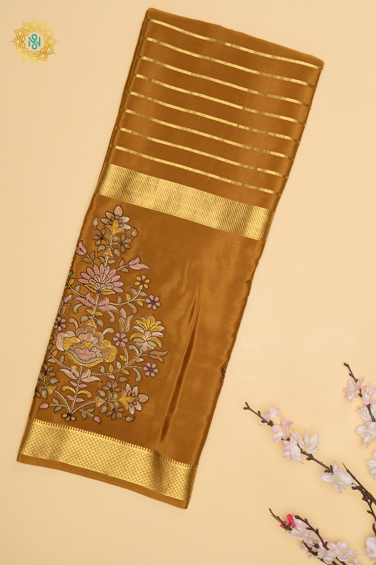 Light Brown Pure Mysore Crepe SIlk Saree With Zari Striped Body and Zari Printed Gap Border