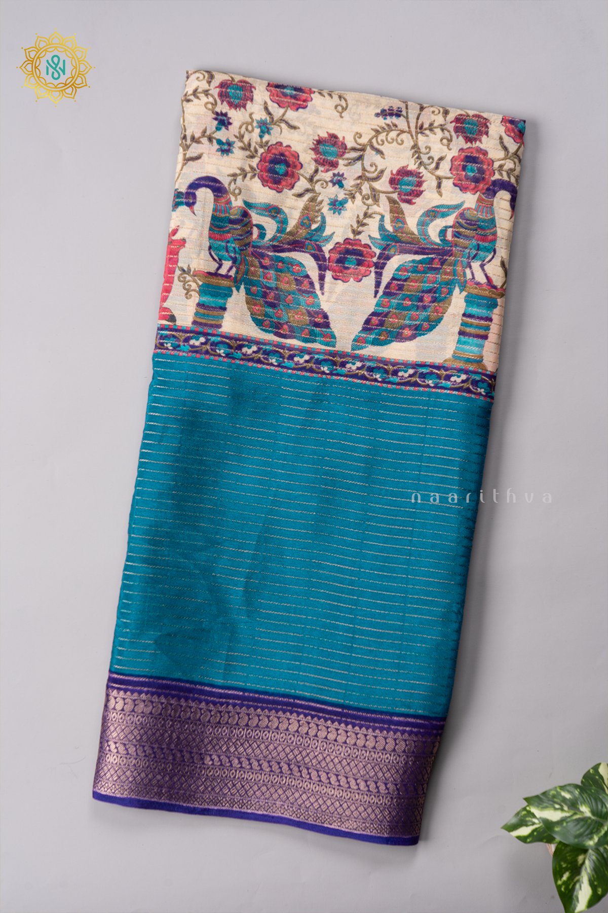 OFF WHITE WITH SKY BLUE & PURPLE - SEMI GEORGETTE